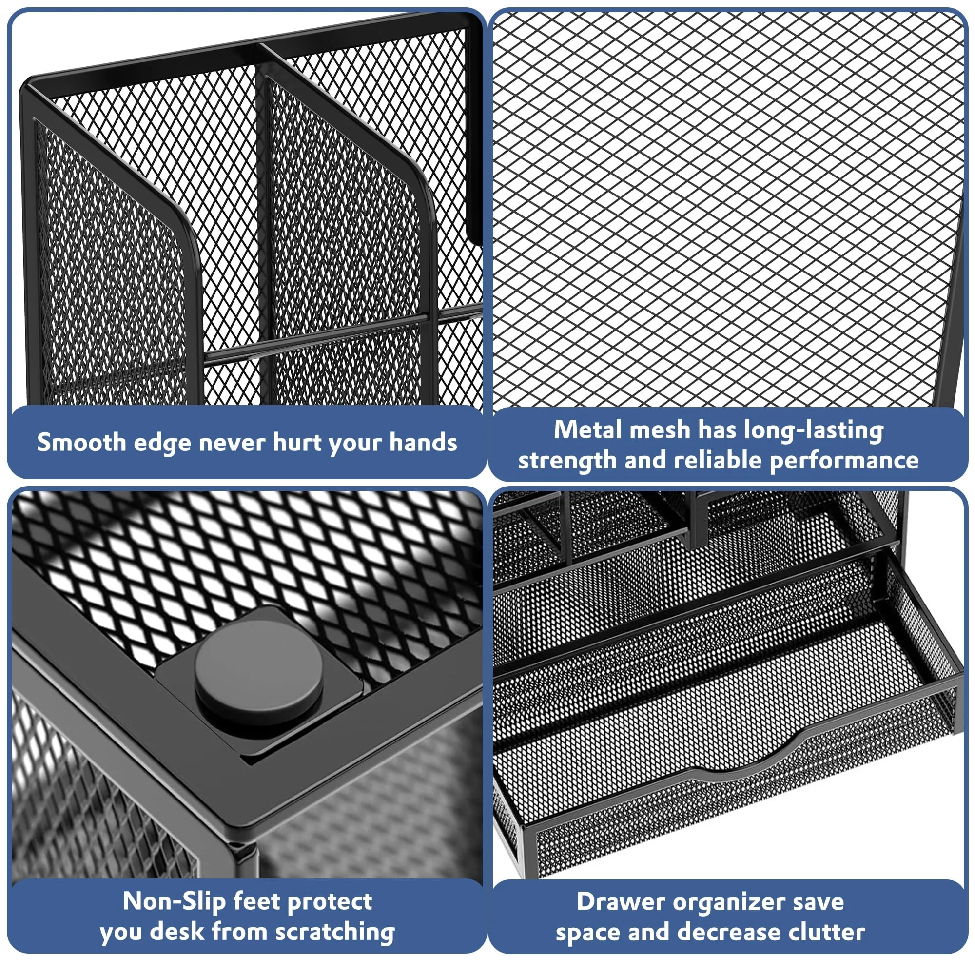 INTIGE Mesh Desk Pen Holder, Upgraded Desk Organizer with Drawer, Versatile Pencil Arranger, Desk Organizing Tools and Accessories for Office and School Supplies (Black)