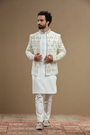 Ivory Silk Jacket Set In Floral Embroidery