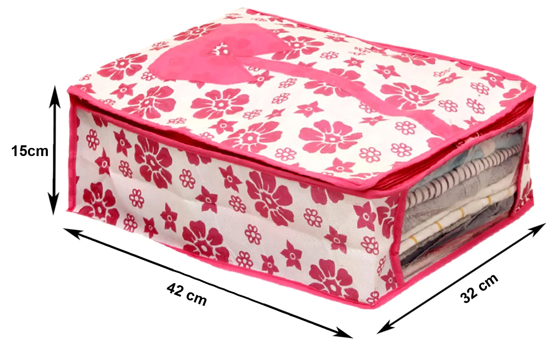 Kuber Industries Flower Printed Foldable Non-Woven Shirt T-Shirt Trousers Jeans Organizer with Clear Window- Pack of 6 (Pink) -HS43KUBMART26192