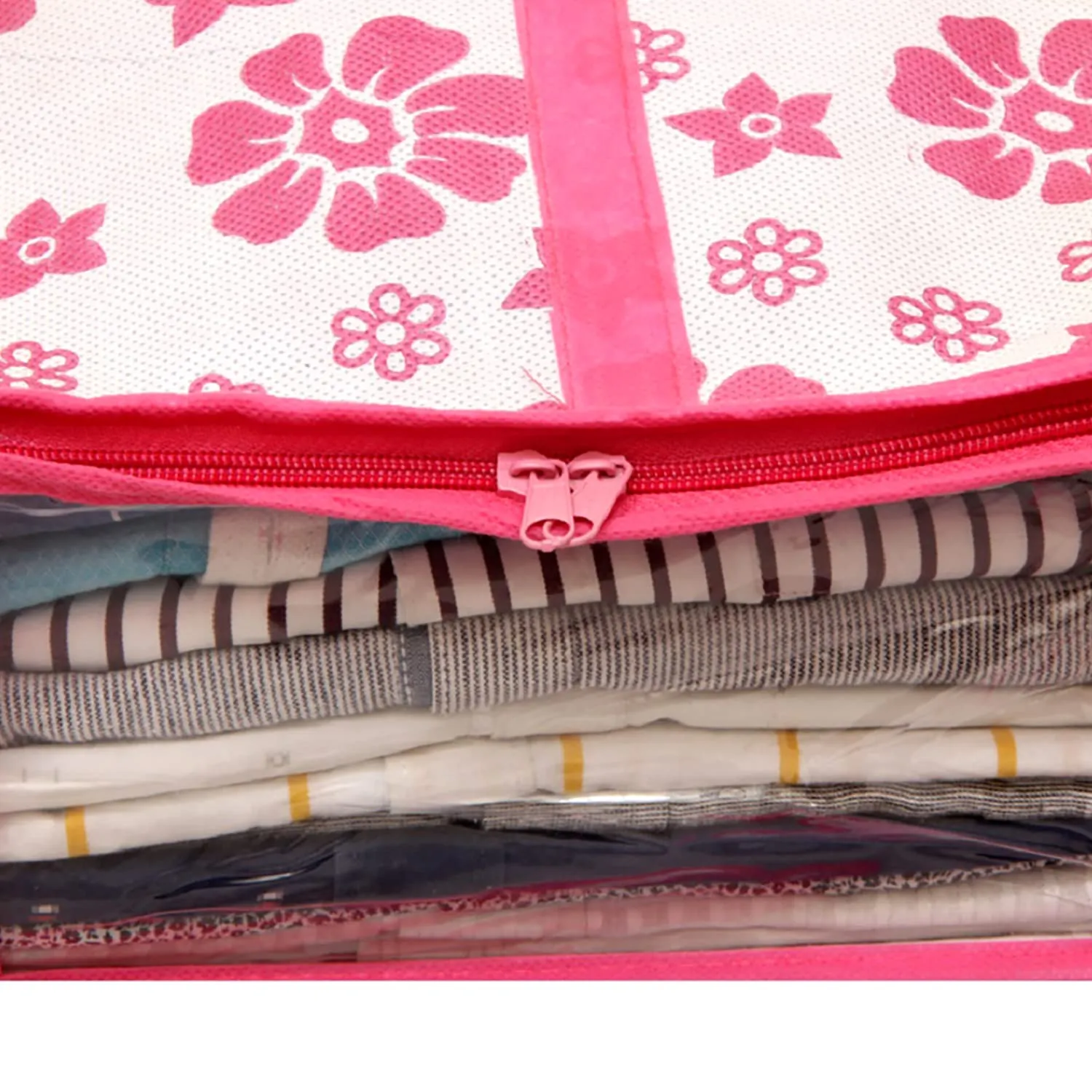 Kuber Industries Flower Printed Foldable Non-Woven Shirt T-Shirt Trousers Jeans Organizer with Clear Window- Pack of 6 (Pink) -HS43KUBMART26192
