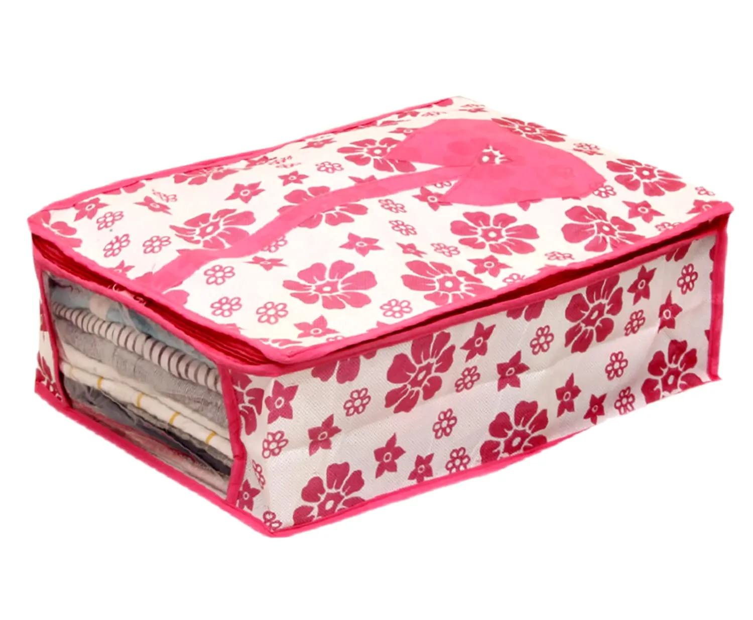 Kuber Industries Flower Printed Foldable Non-Woven Shirt T-Shirt Trousers Jeans Organizer with Clear Window- Pack of 6 (Pink) -HS43KUBMART26192