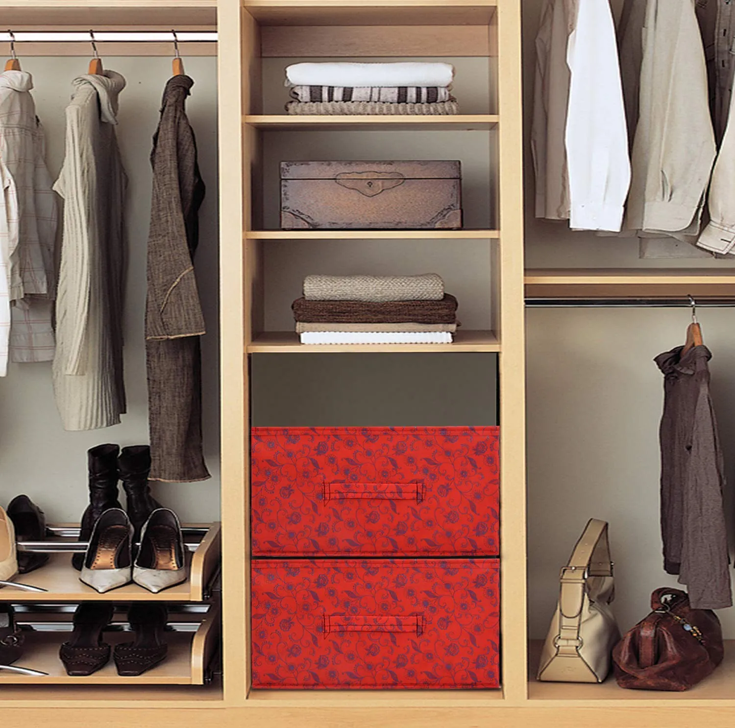 Kuber Industries Metalic Floral Print Non Woven Fabric 2-Replacement Drawer Storage and Cloth Organizer Unit for Closet (Red)-KUBMART3491