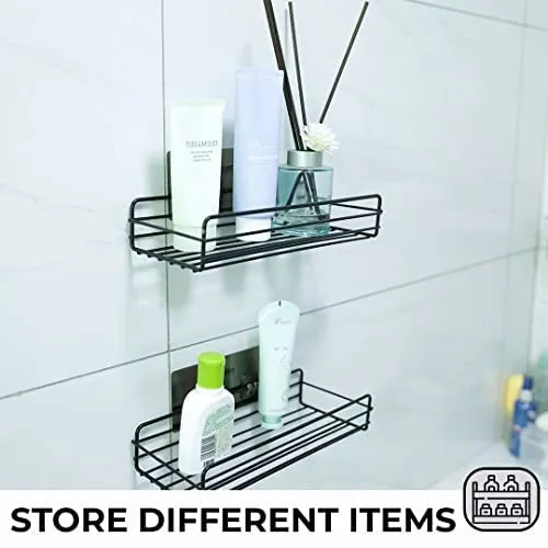 Kuber Industries Stainless Steel Bathroom & Kitchen Organizer Rack|Multipurpose Wall Shelves Non-Toxic|Storage Racks & Shelves for Bathroom & Kitchen|HR-14|Set of 2|Black (Pack of 5)