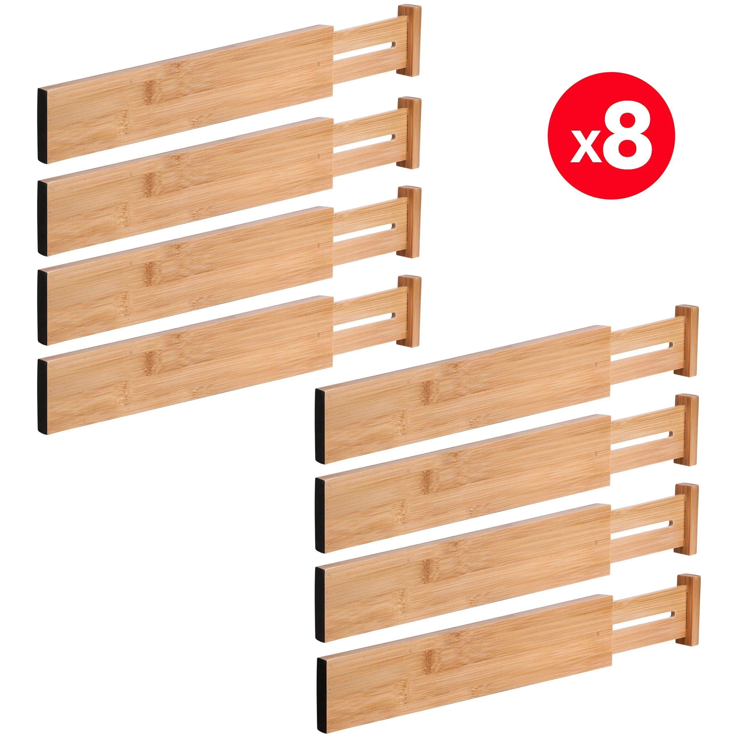 MoMA Bamboo Drawer Dividers (Set of 8) - Bamboo Natural Wood Kitchen Drawer Organizer - Anti-Scratch Desk Organizer - Dresser Silverware Utensil Drawer Organizer - Underwear Drawer Organizer