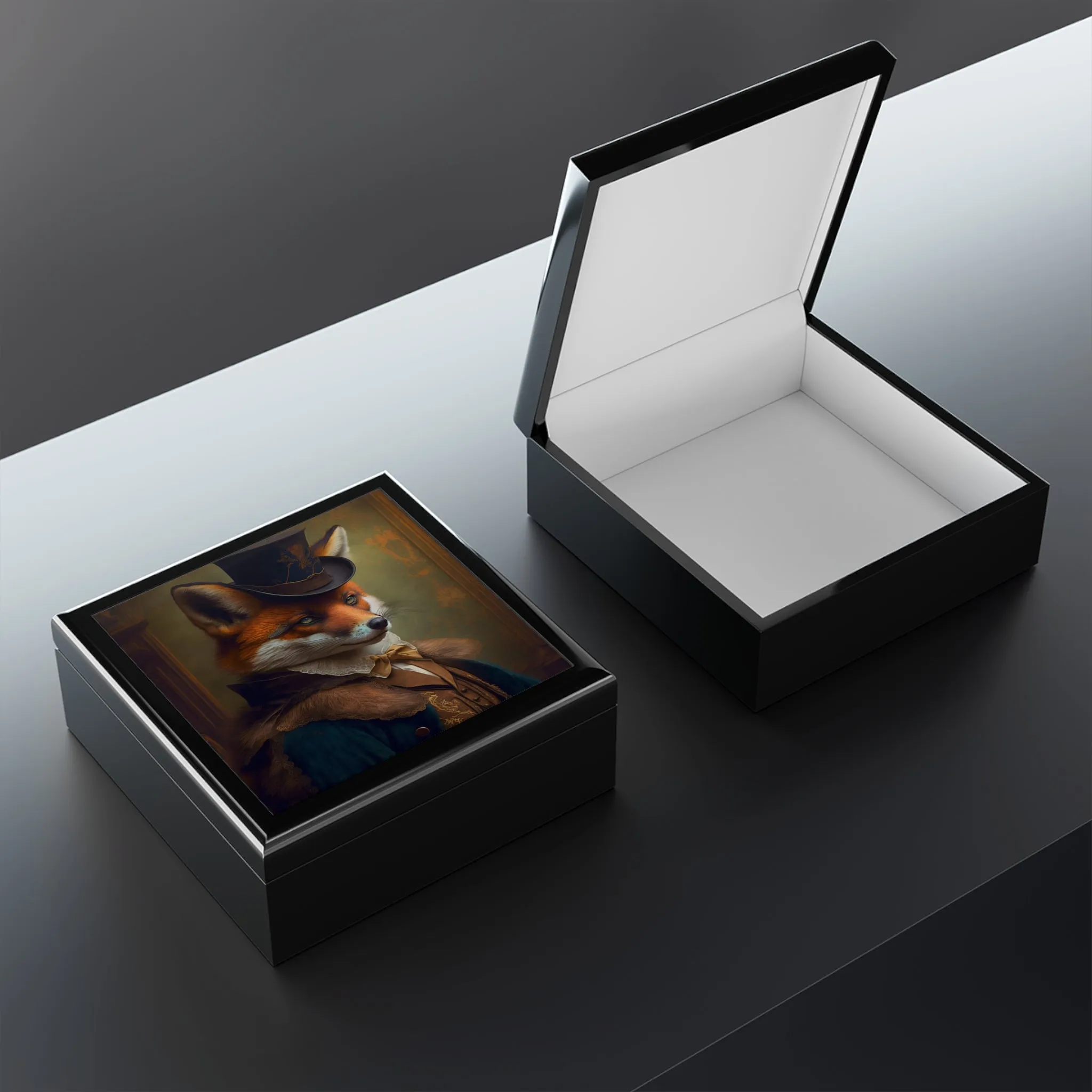 Mr. Fox Portrait Wood Keepsake Jewelry Box with Ceramic Tile Cover