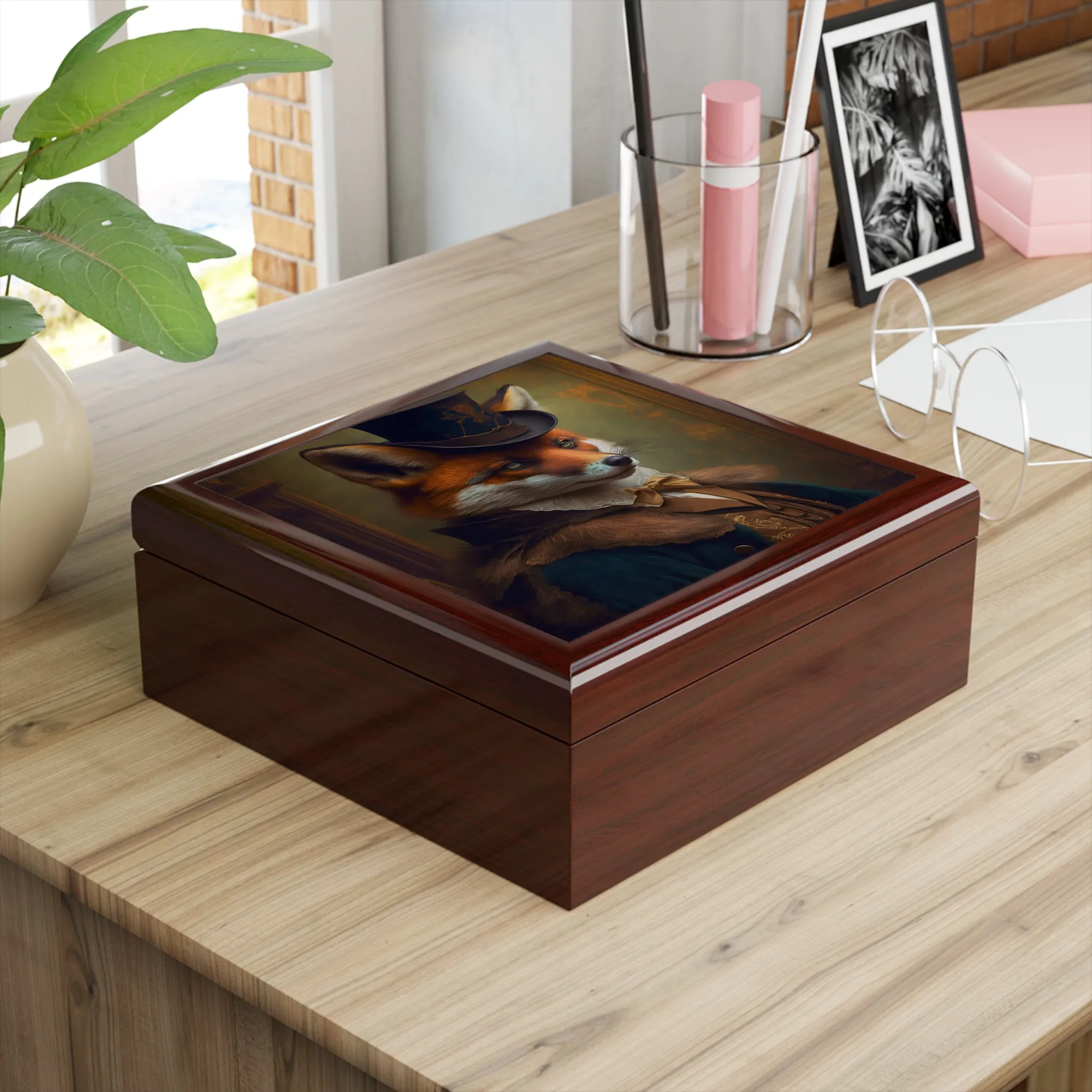 Mr. Fox Portrait Wood Keepsake Jewelry Box with Ceramic Tile Cover