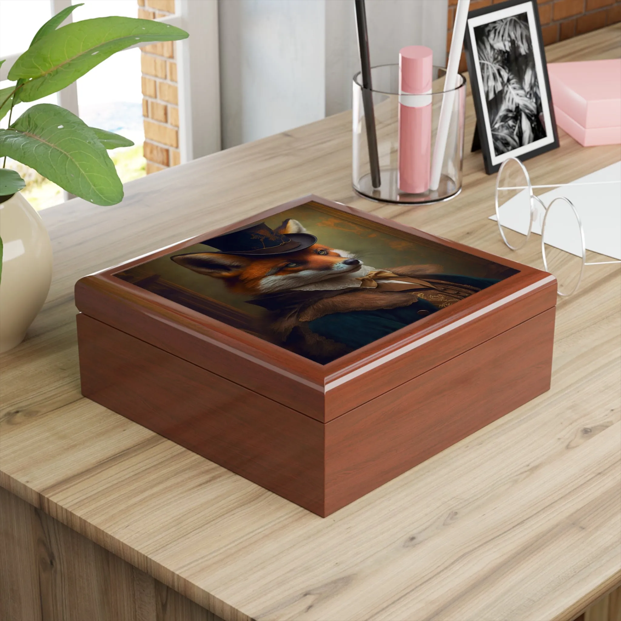 Mr. Fox Portrait Wood Keepsake Jewelry Box with Ceramic Tile Cover