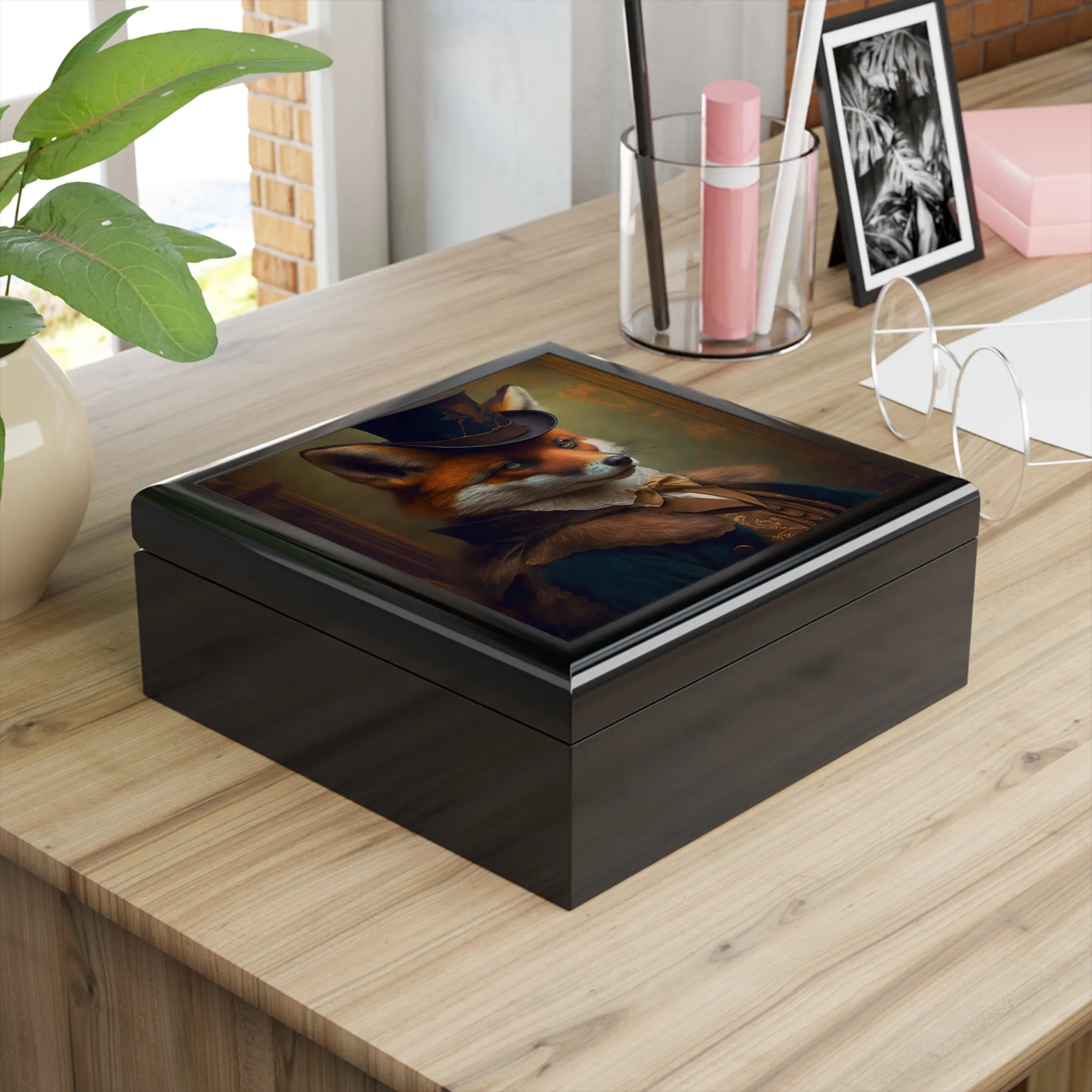 Mr. Fox Portrait Wood Keepsake Jewelry Box with Ceramic Tile Cover