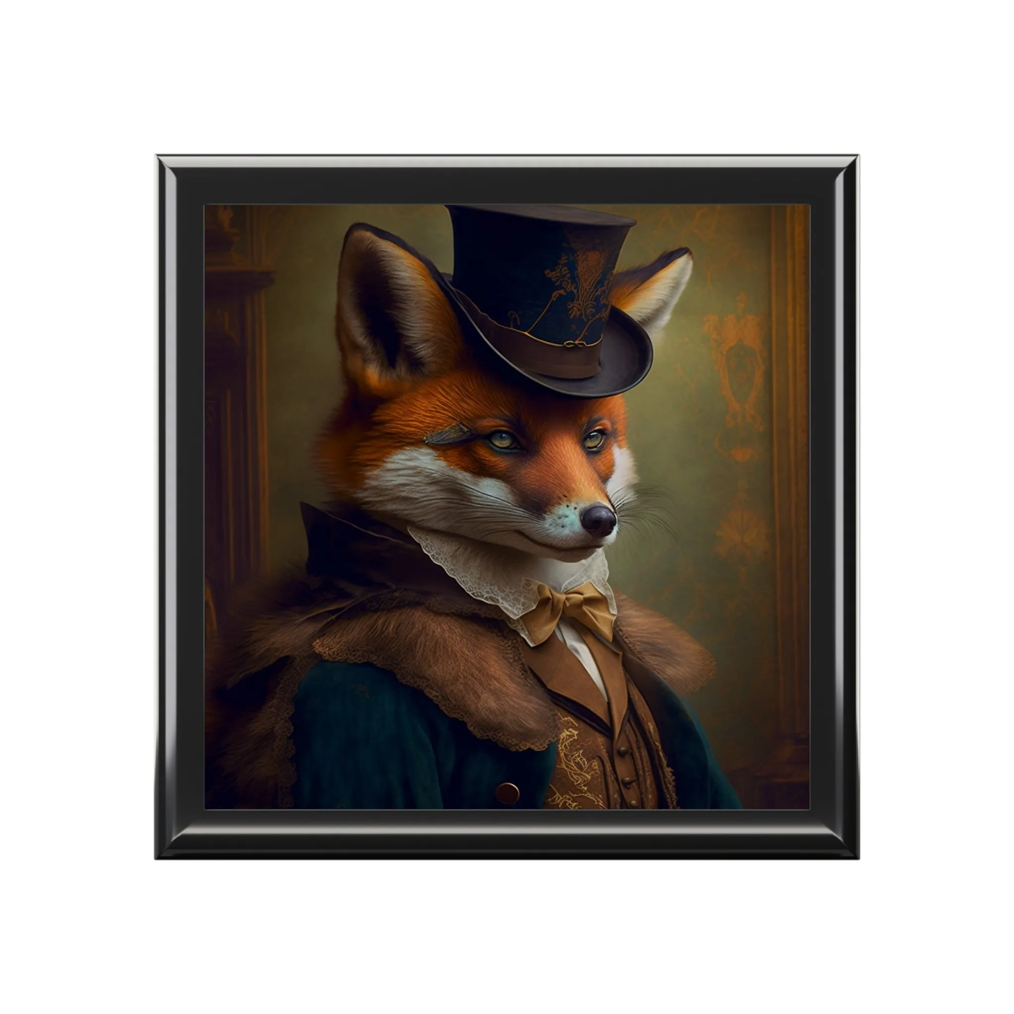 Mr. Fox Portrait Wood Keepsake Jewelry Box with Ceramic Tile Cover