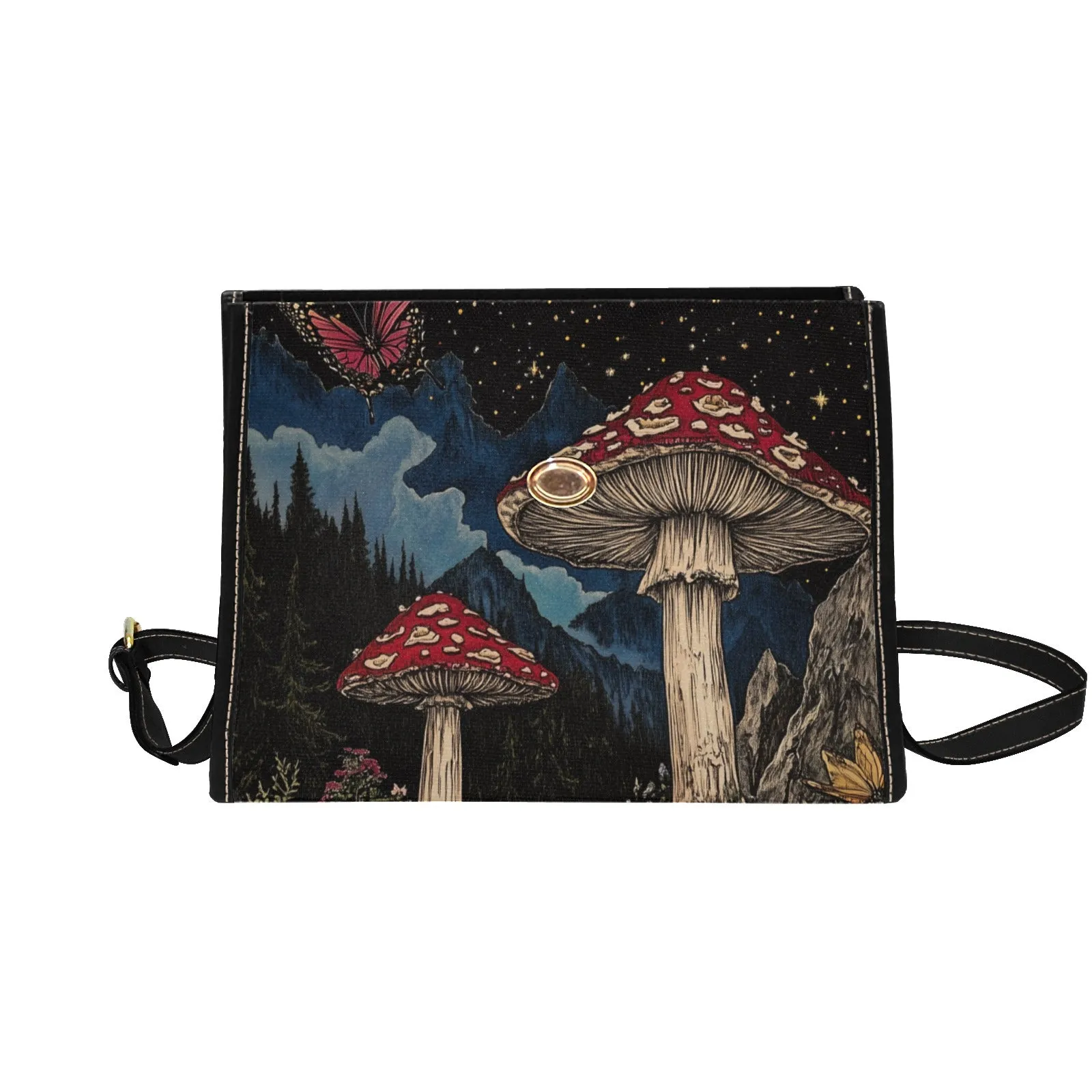 Mushrooms Canvas Satchel Bag, Night Sky Forest Cottagecore Butterfly Waterproof Black Cute Women Crossbody Purse Vegan Leather Strap Handbag