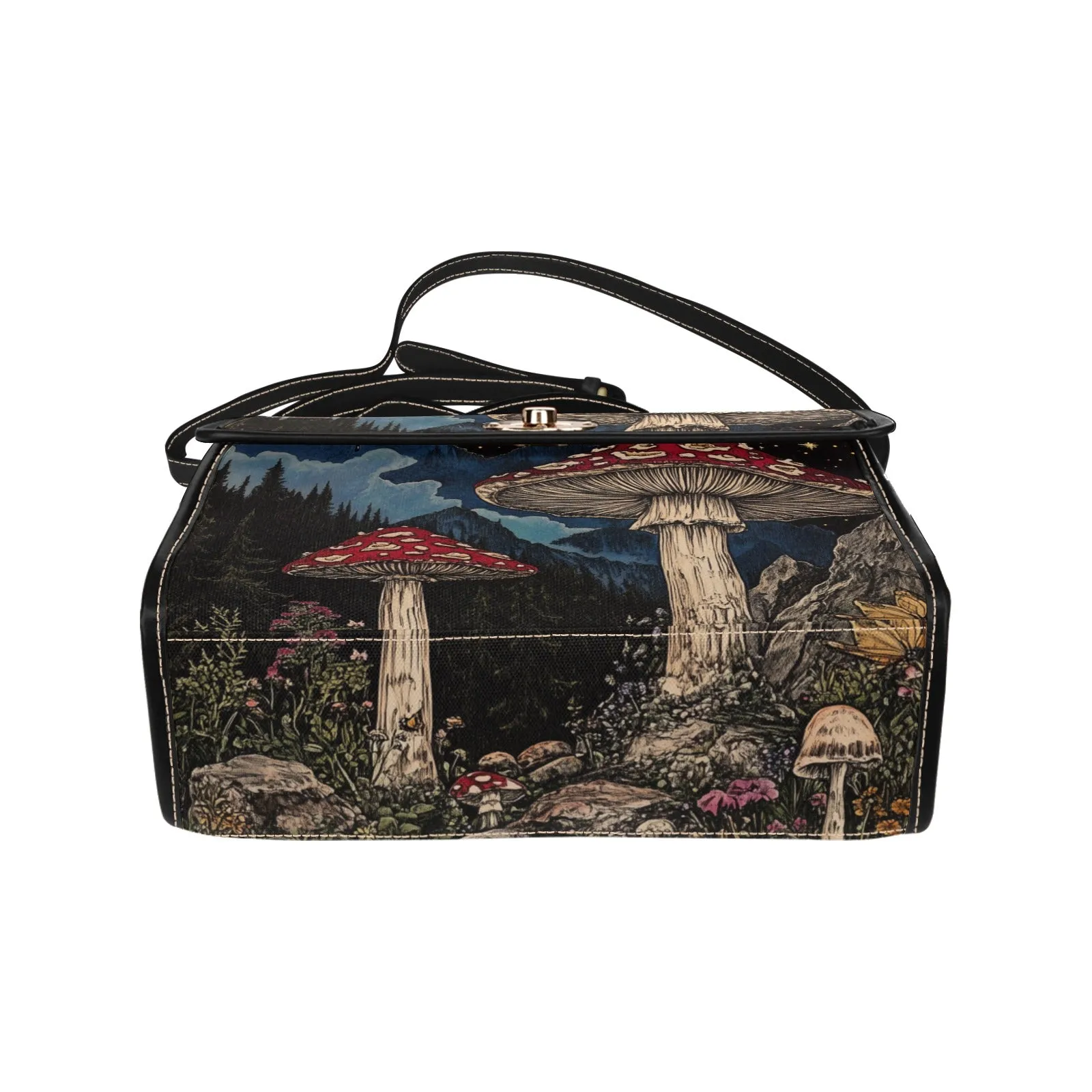 Mushrooms Canvas Satchel Bag, Night Sky Forest Cottagecore Butterfly Waterproof Black Cute Women Crossbody Purse Vegan Leather Strap Handbag
