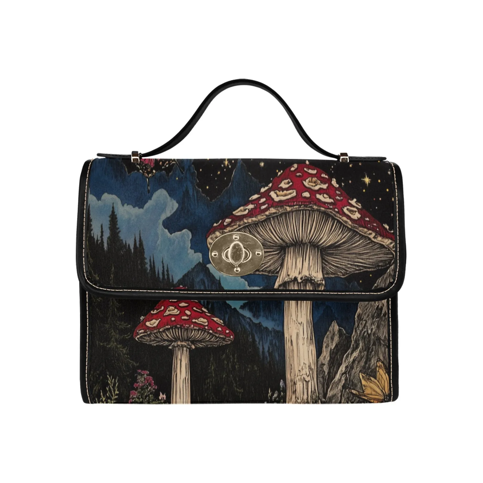 Mushrooms Canvas Satchel Bag, Night Sky Forest Cottagecore Butterfly Waterproof Black Cute Women Crossbody Purse Vegan Leather Strap Handbag