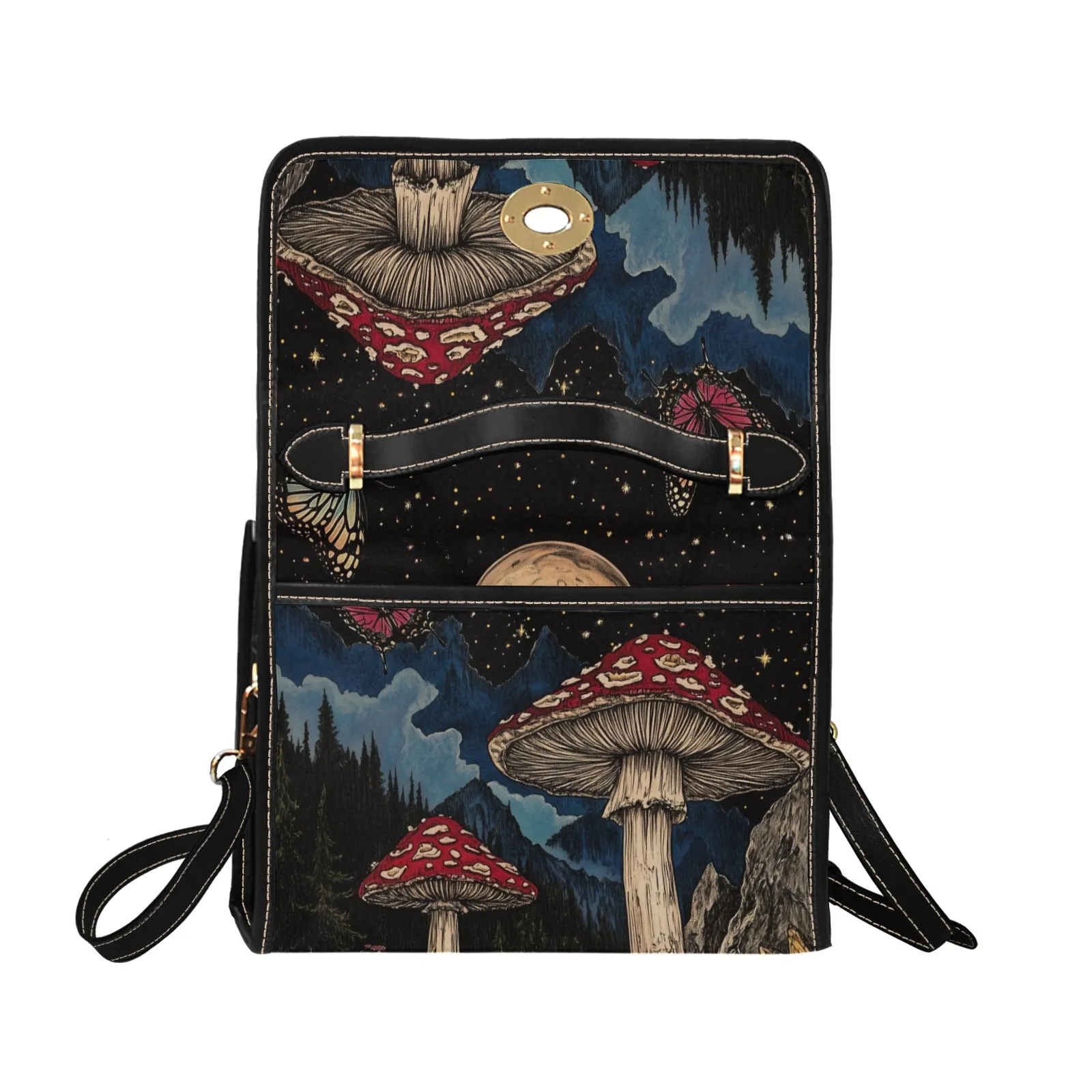 Mushrooms Canvas Satchel Bag, Night Sky Forest Cottagecore Butterfly Waterproof Black Cute Women Crossbody Purse Vegan Leather Strap Handbag