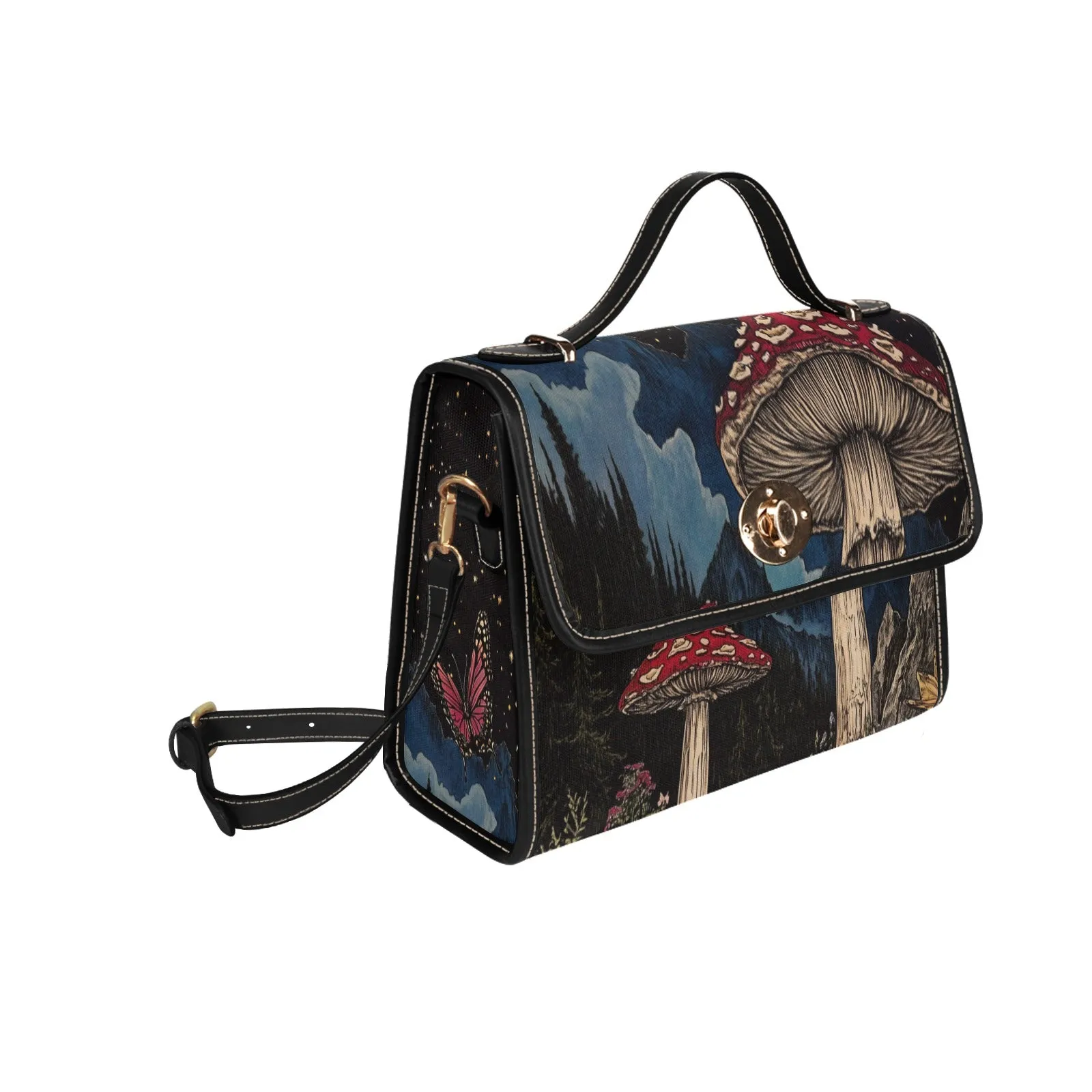 Mushrooms Canvas Satchel Bag, Night Sky Forest Cottagecore Butterfly Waterproof Black Cute Women Crossbody Purse Vegan Leather Strap Handbag