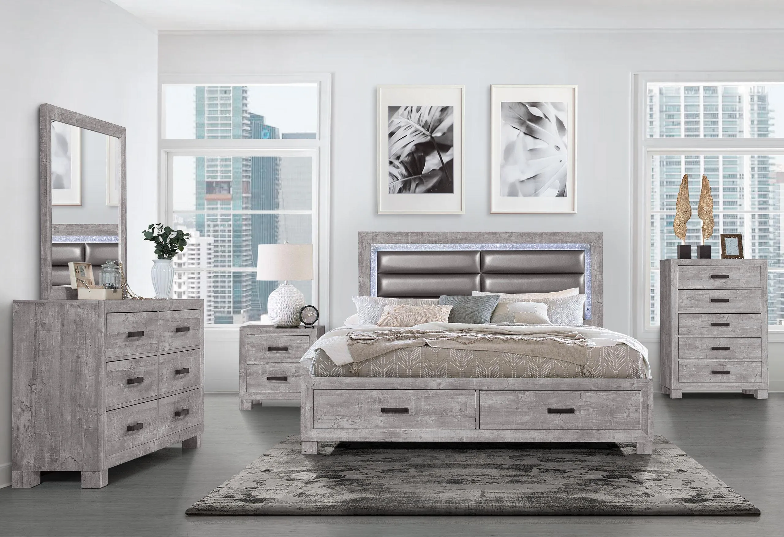 NOLAN GREY KING BED, DRESSER, MIRROR, NIGHTSTAND