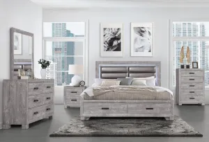 NOLAN GREY KING BED, DRESSER, MIRROR, NIGHTSTAND