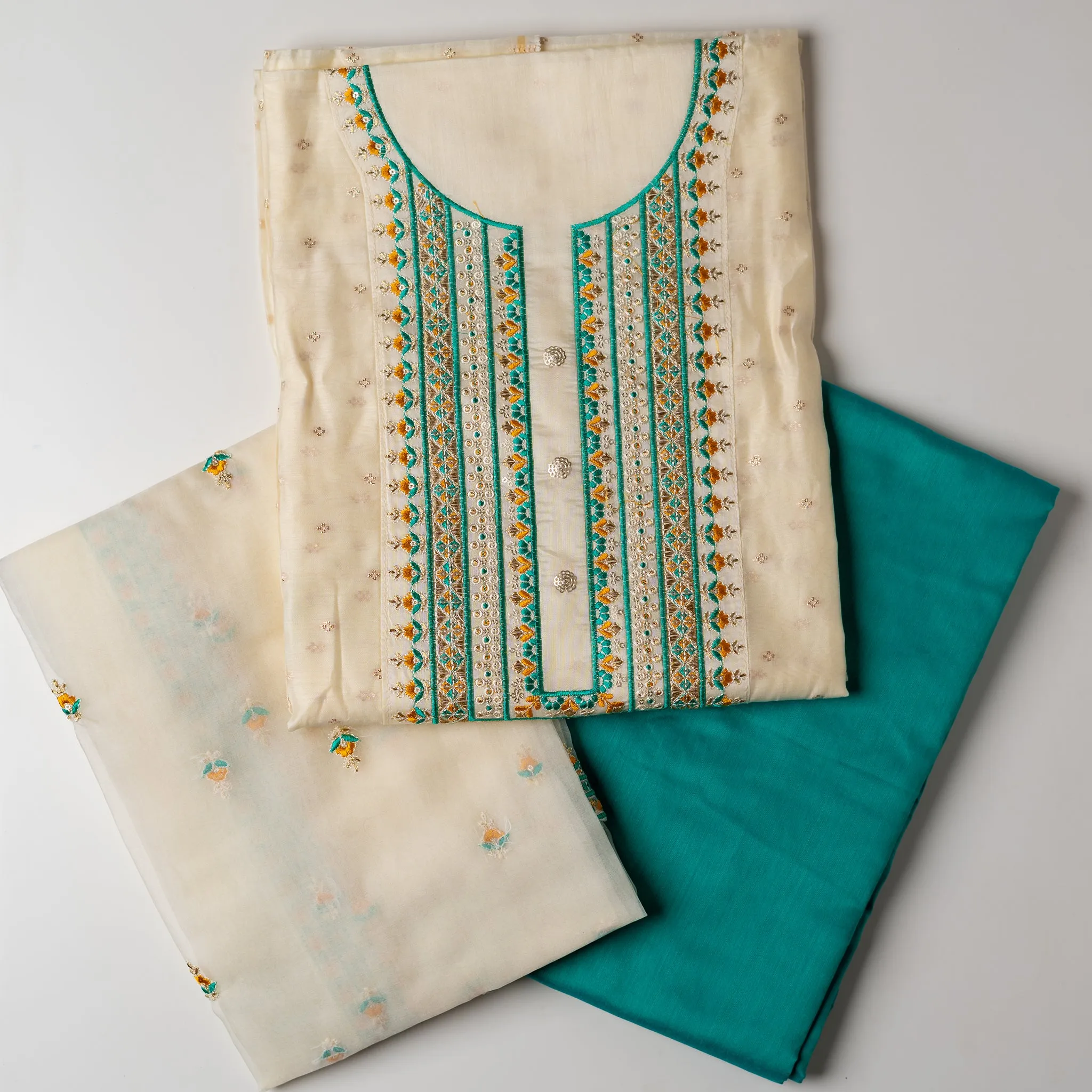 Party Wear Unstitched Salwar Suit Material (Cream & Green)