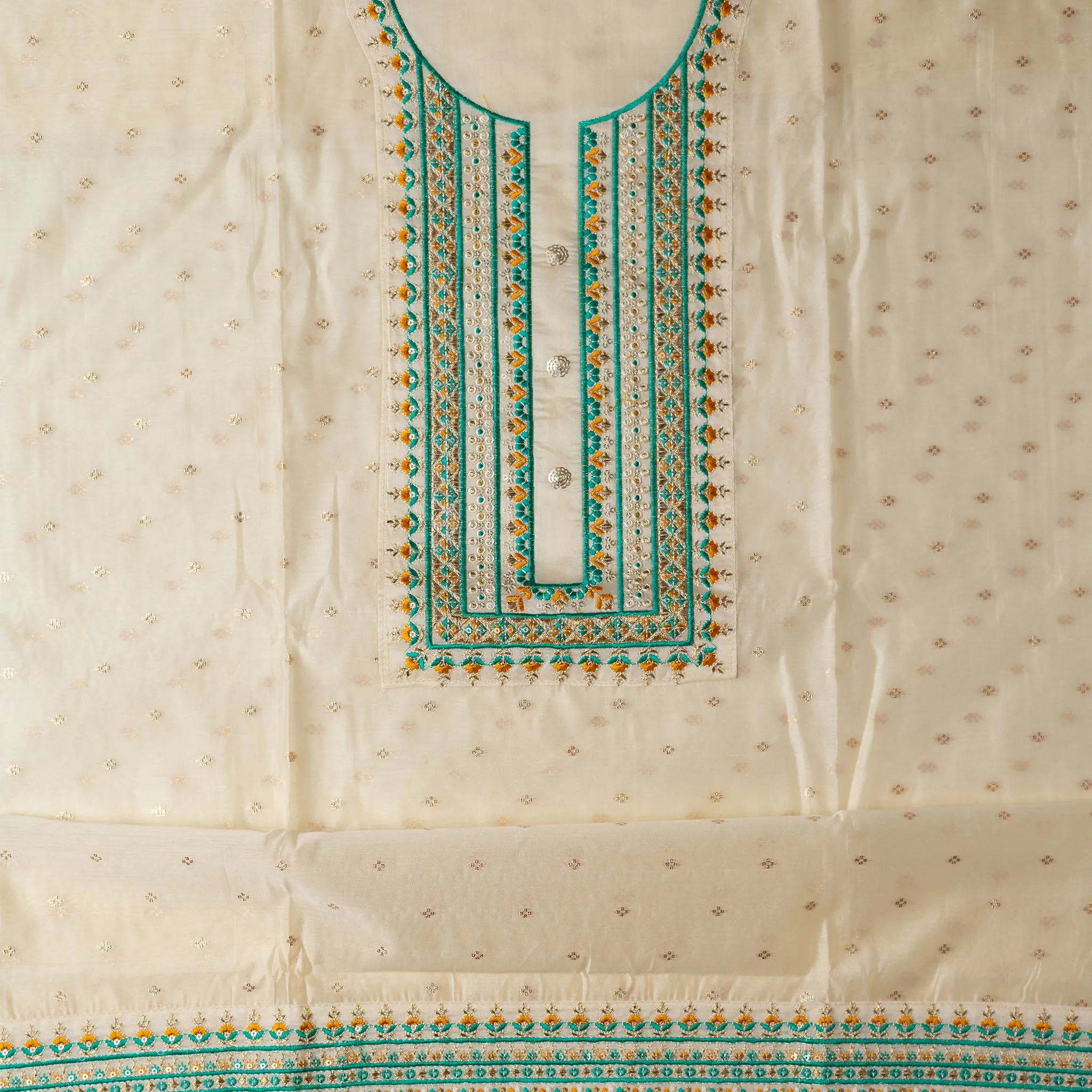 Party Wear Unstitched Salwar Suit Material (Cream & Green)