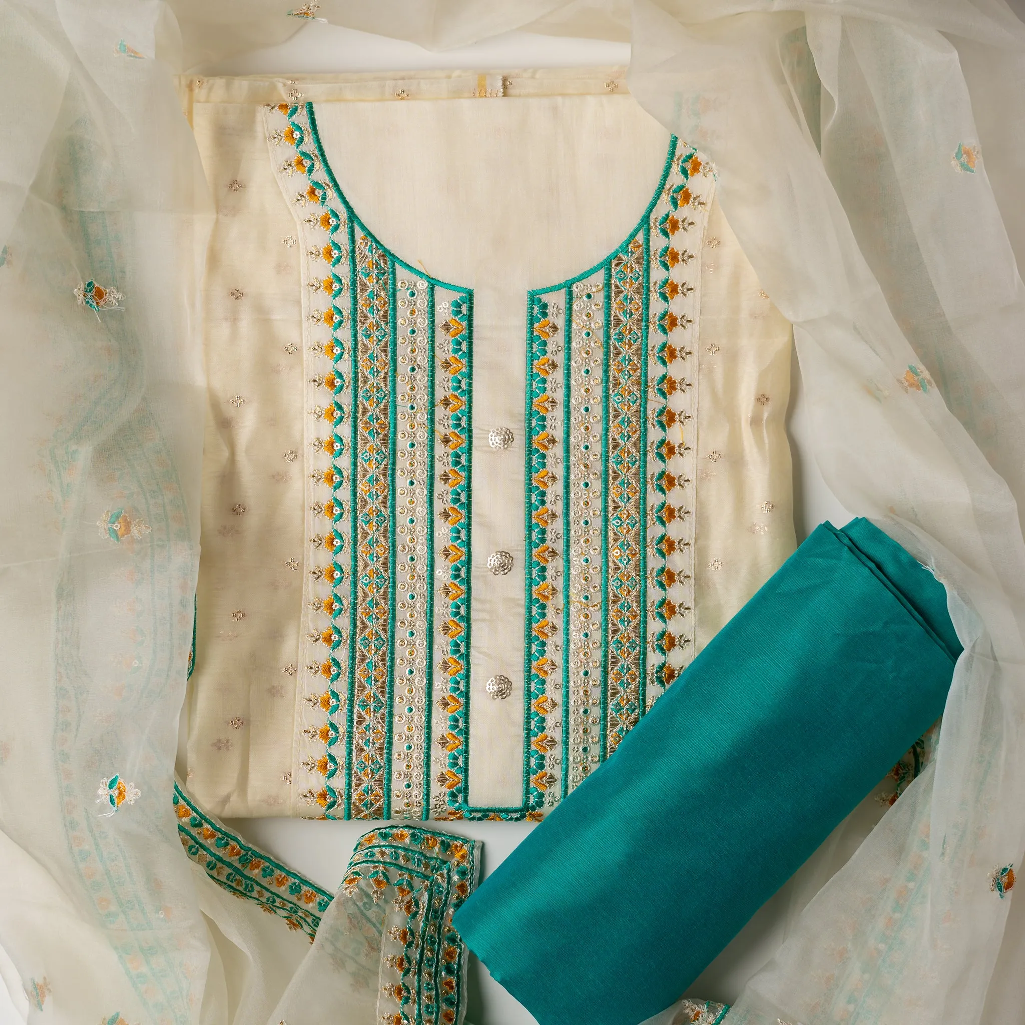 Party Wear Unstitched Salwar Suit Material (Cream & Green)