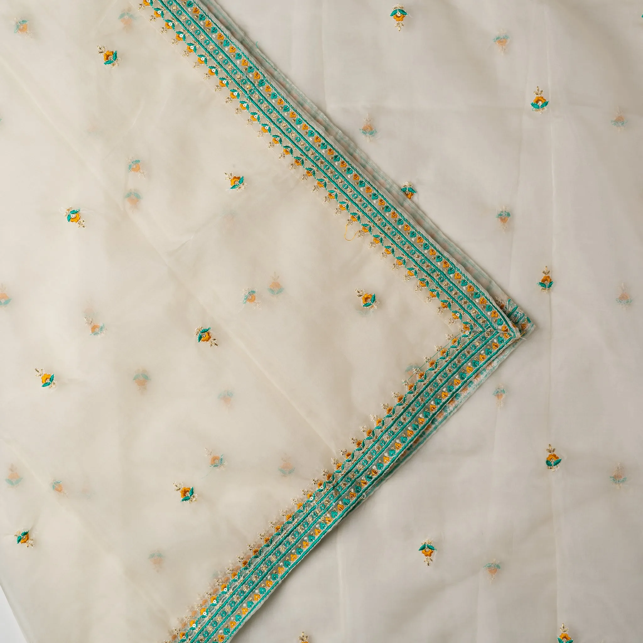 Party Wear Unstitched Salwar Suit Material (Cream & Green)