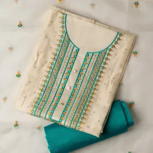 Party Wear Unstitched Salwar Suit Material (Cream & Green)