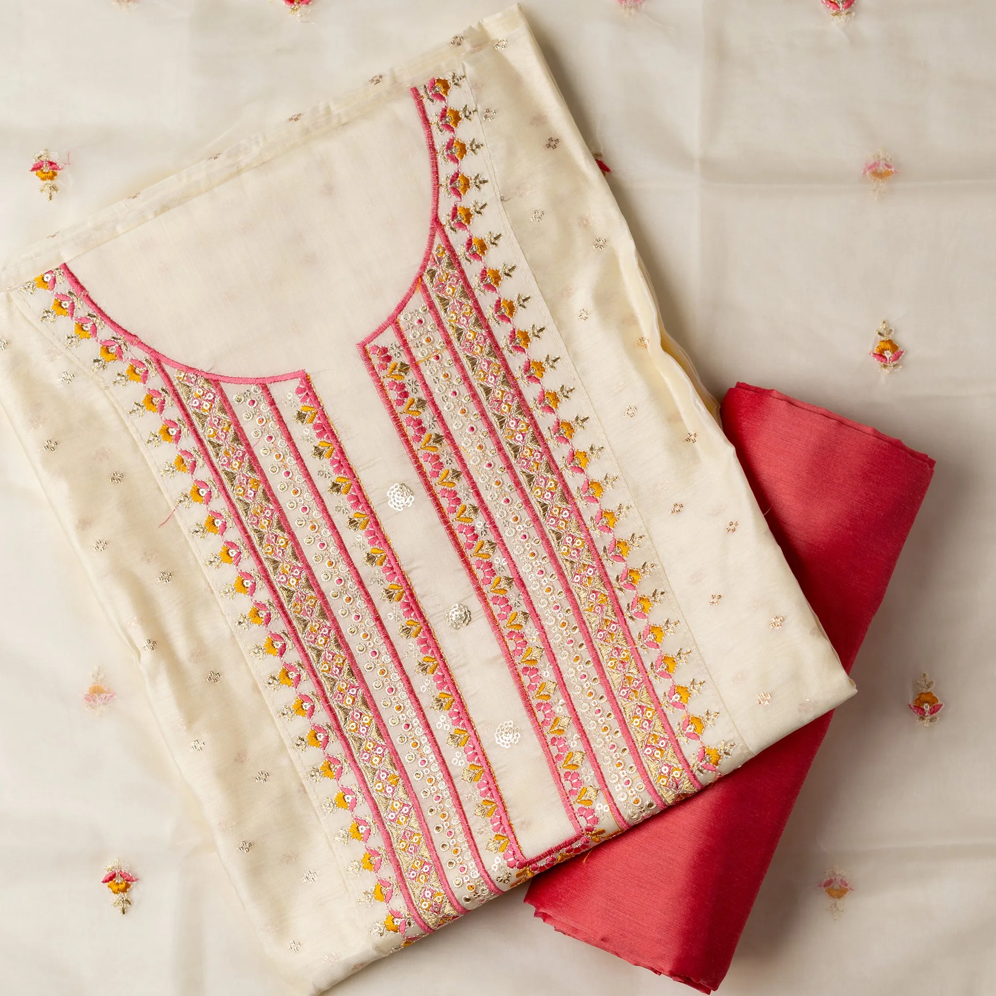 Party Wear Unstitched Salwar Suit Material (Cream)