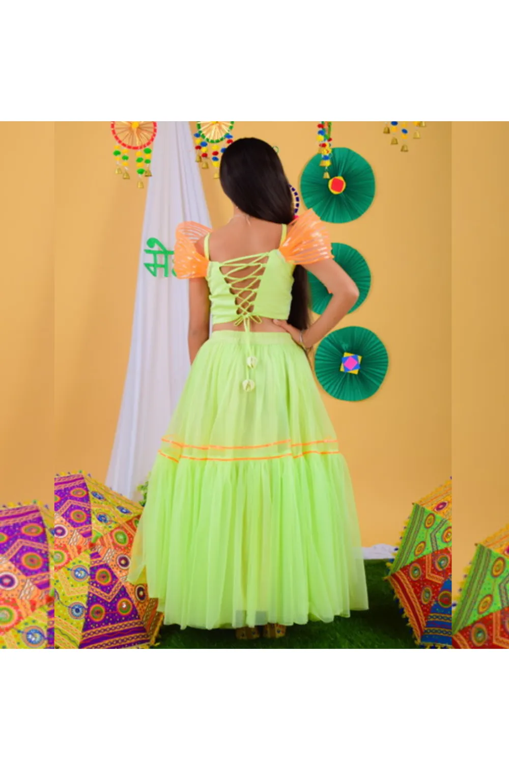 Pastel Green Floral Embroidered Top With Tiered Lehenga Set