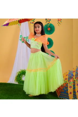Pastel Green Floral Embroidered Top With Tiered Lehenga Set