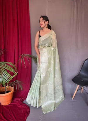 Pastel Green Saree in Cotton Rose Gold Woven