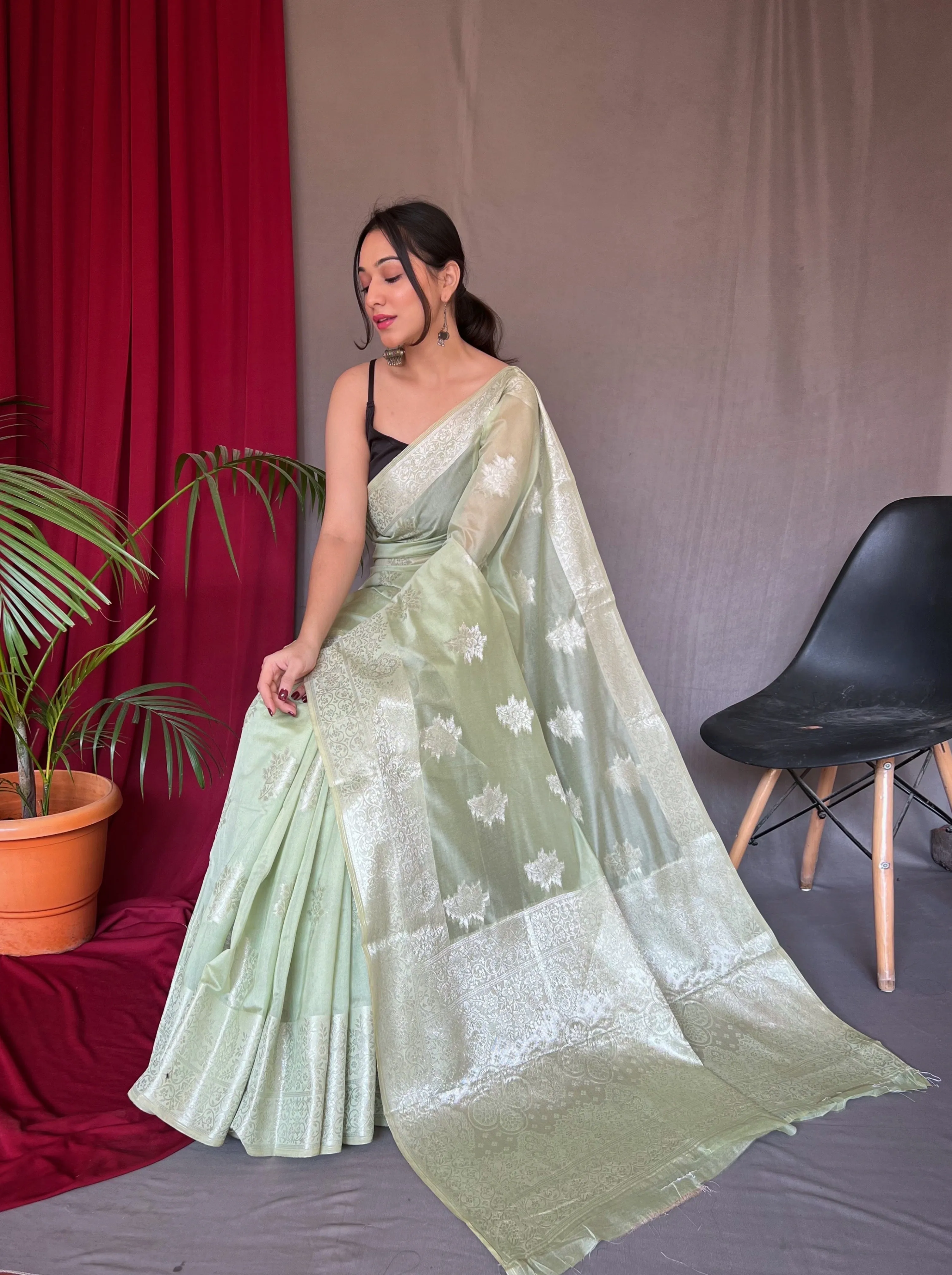 Pastel Green Saree in Cotton Rose Gold Woven