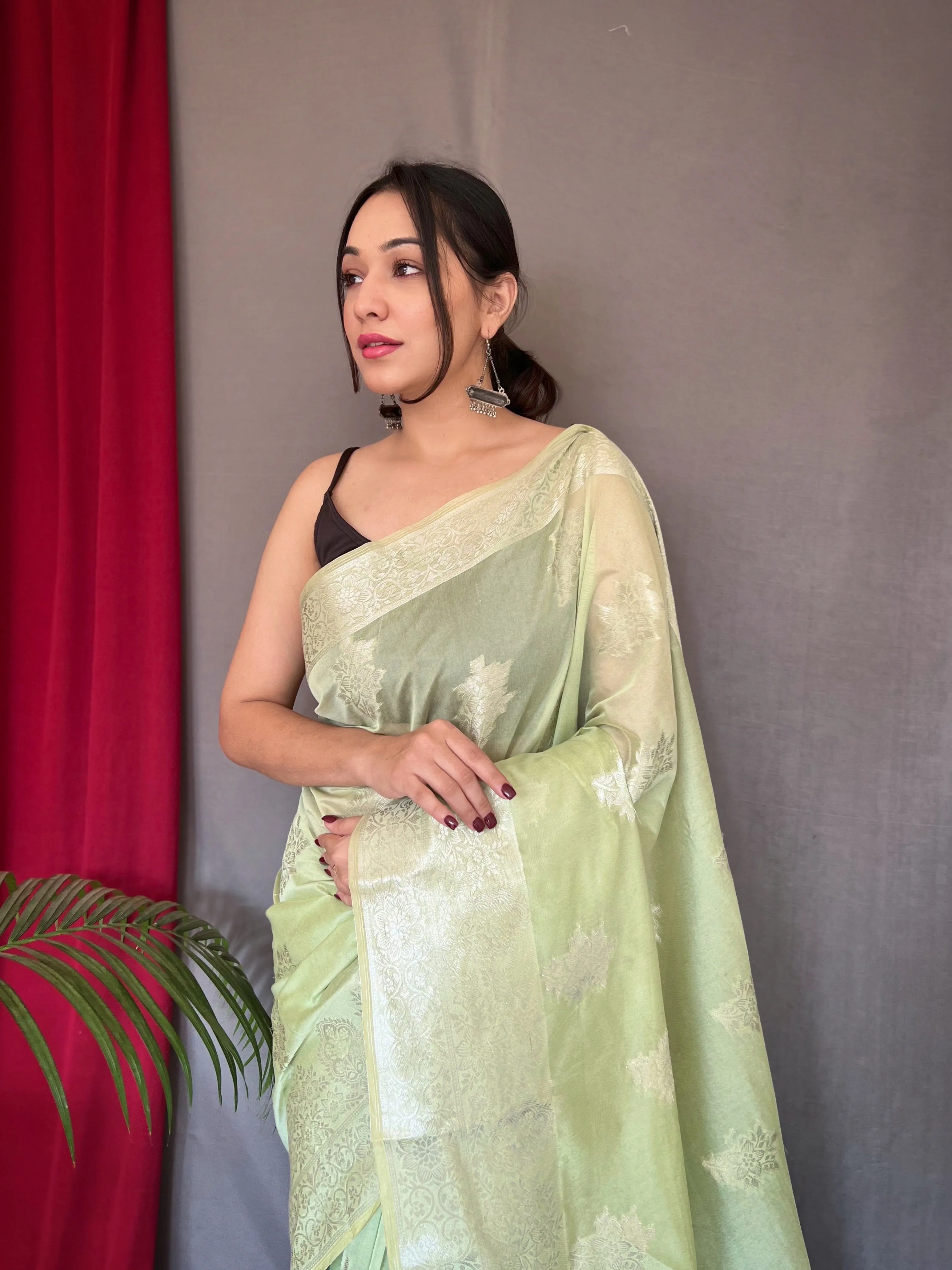 Pastel Green Saree in Cotton Rose Gold Woven