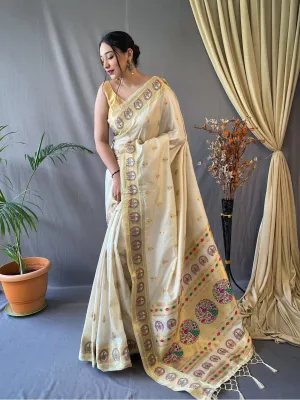 Pastel Ivory Saree in Paithani Silk