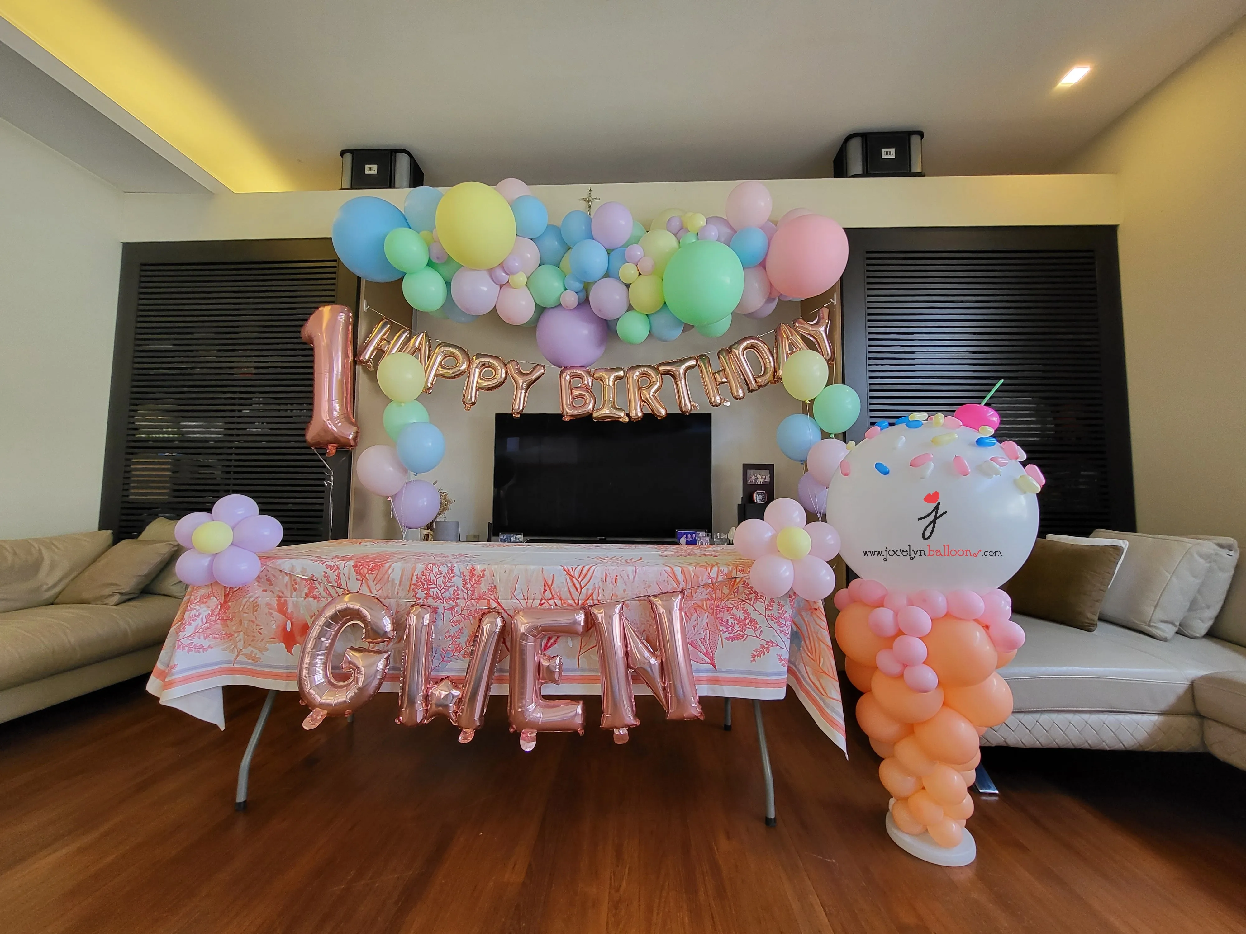 Pastel Rainbow Organic Garland   Ice Cream Display   Foil Happy Birthday Balloons