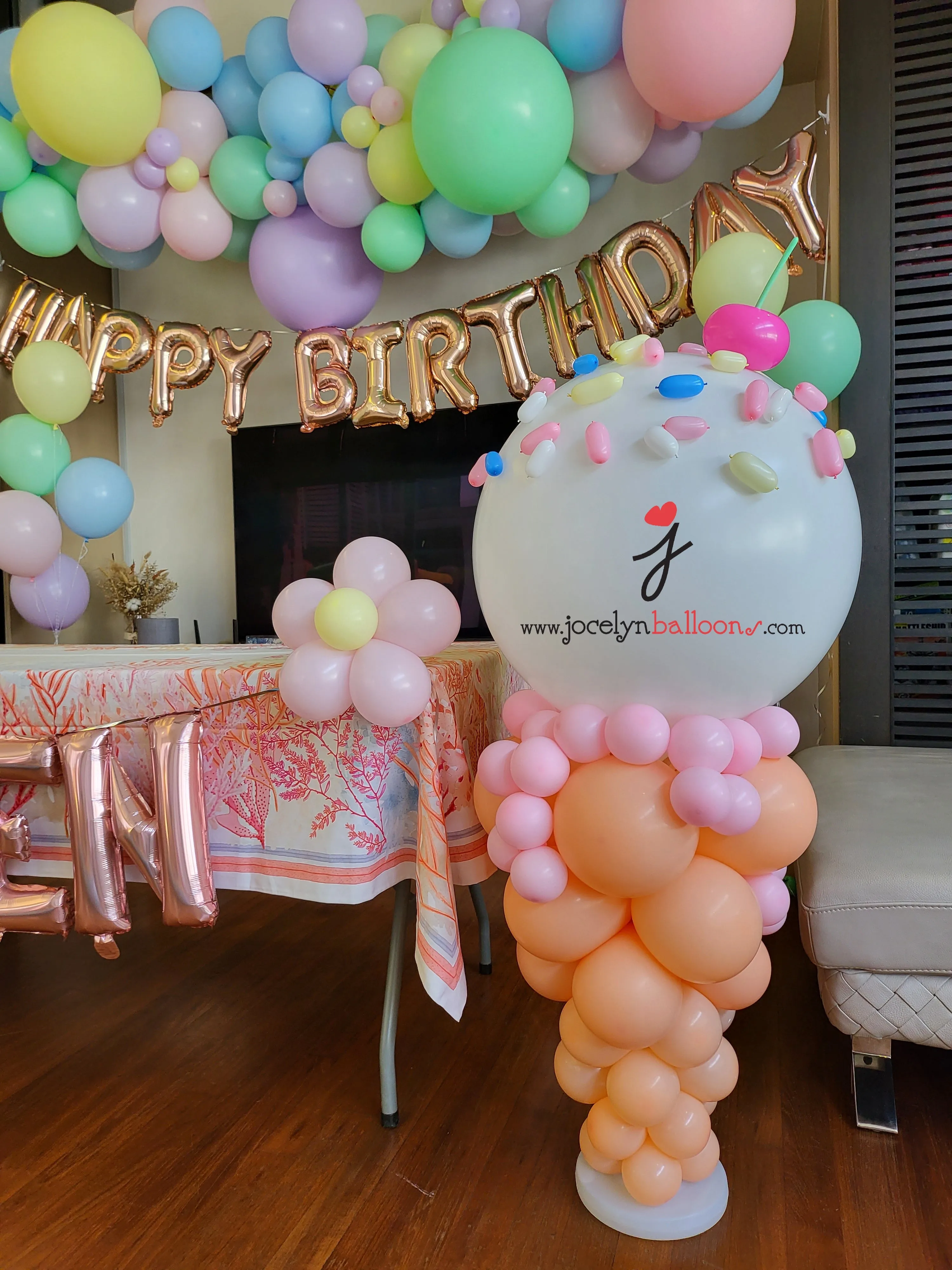 Pastel Rainbow Organic Garland   Ice Cream Display   Foil Happy Birthday Balloons