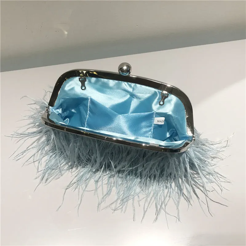 Pearl Chain Crossbody Bag For Women Ostrich Fur Handbag