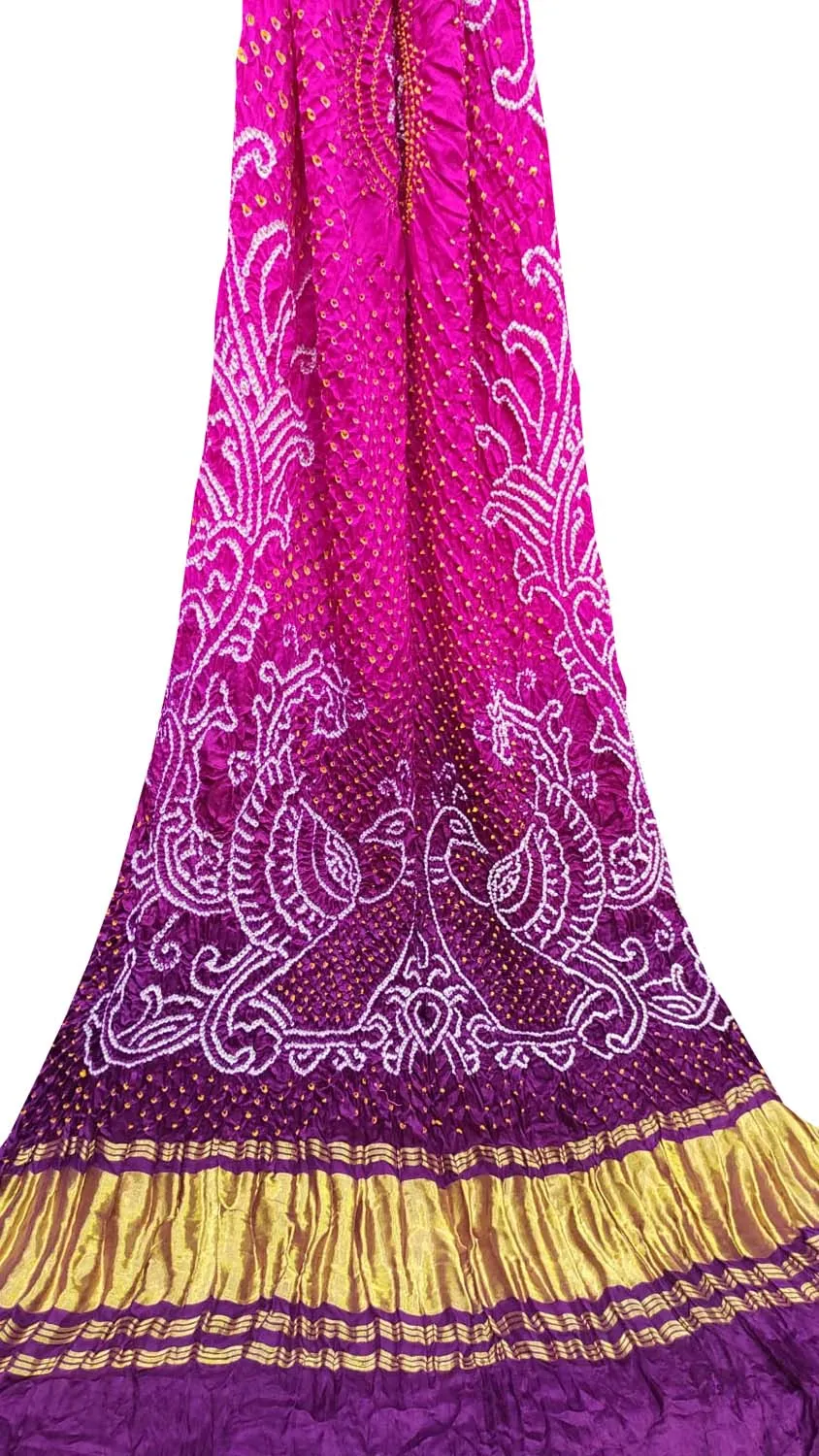 Pink And Purple Bandhani Pure Gajji Silk Peacock Design Dupatta