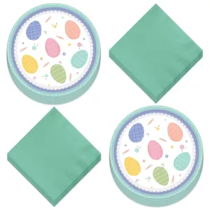 Pretty Pastel Easter Eggs Paper Dessert Plates, Mint Beverage Napkins, and Table Cover Set