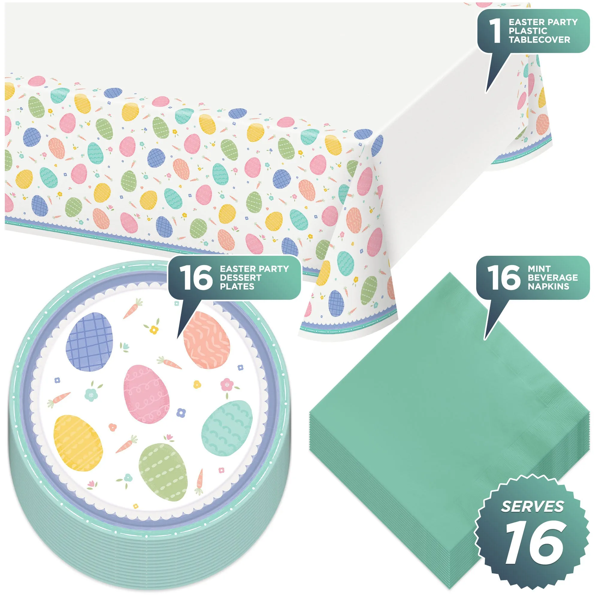 Pretty Pastel Easter Eggs Paper Dessert Plates, Mint Beverage Napkins, and Table Cover Set