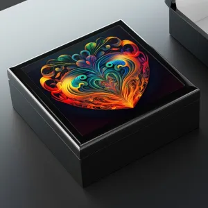 Psychedelic Heart Wood Keepsake Jewelry Box with Ceramic Tile Cover