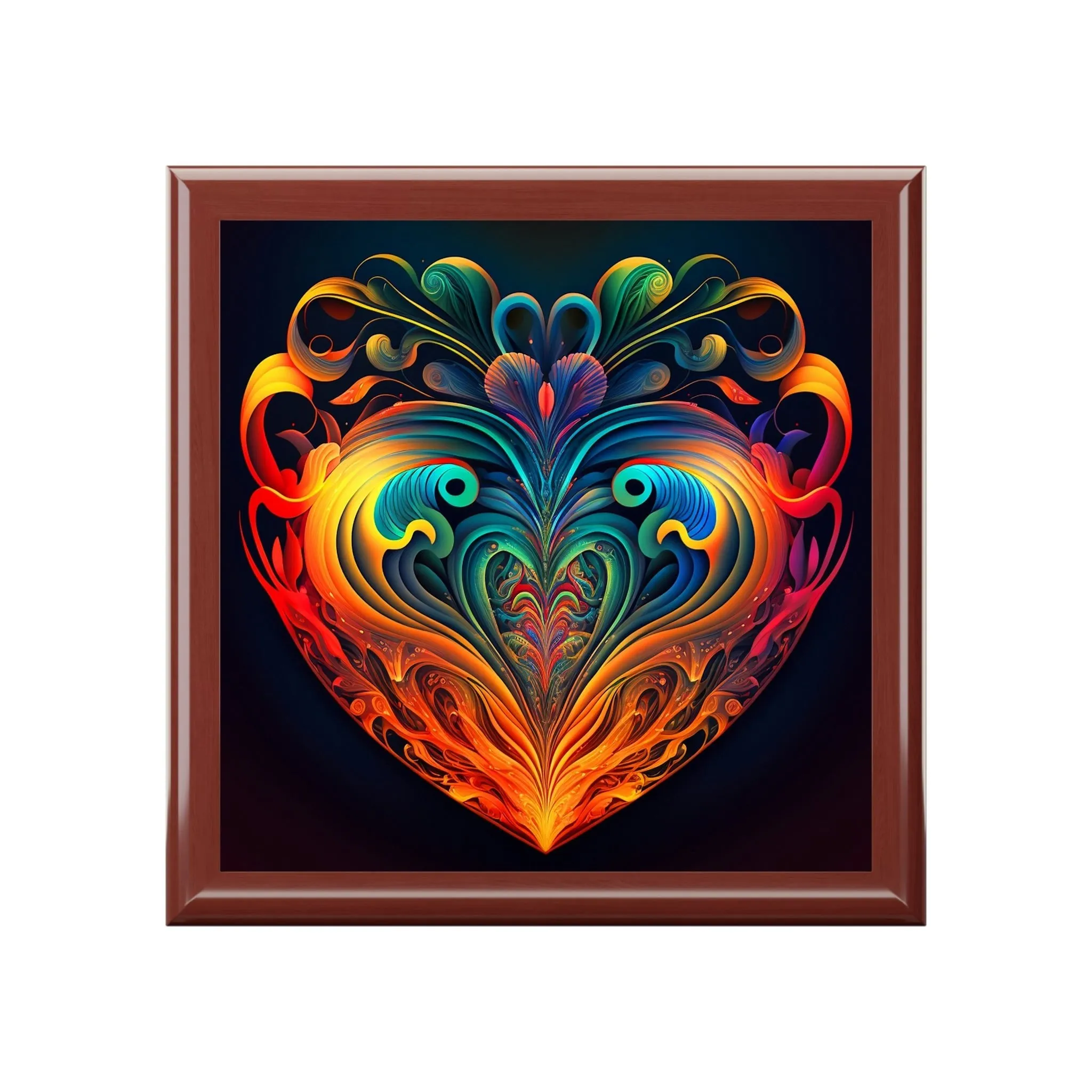 Psychedelic Heart Wood Keepsake Jewelry Box with Ceramic Tile Cover