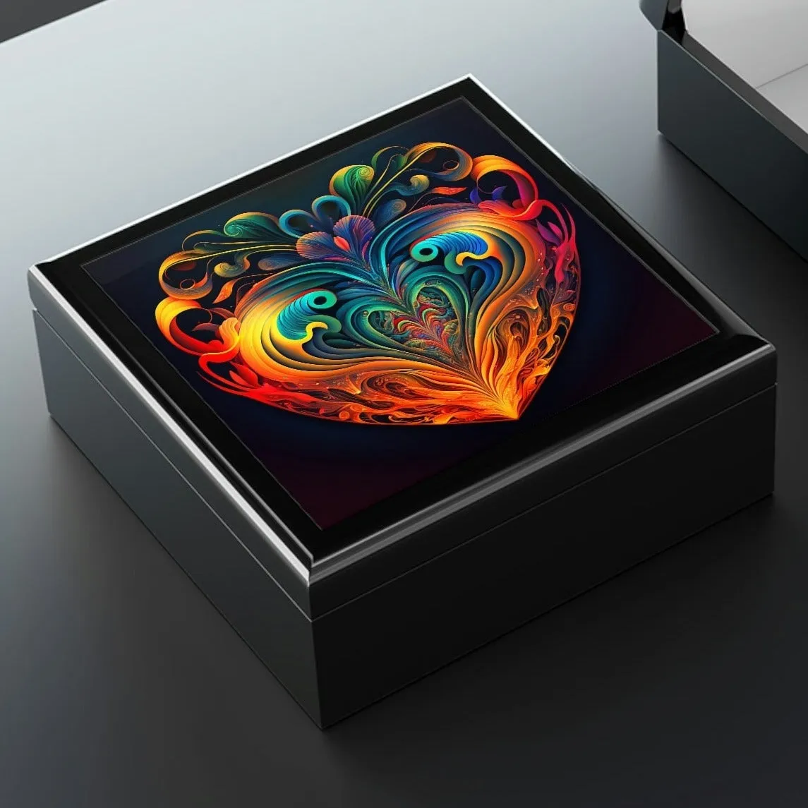 Psychedelic Heart Wood Keepsake Jewelry Box with Ceramic Tile Cover