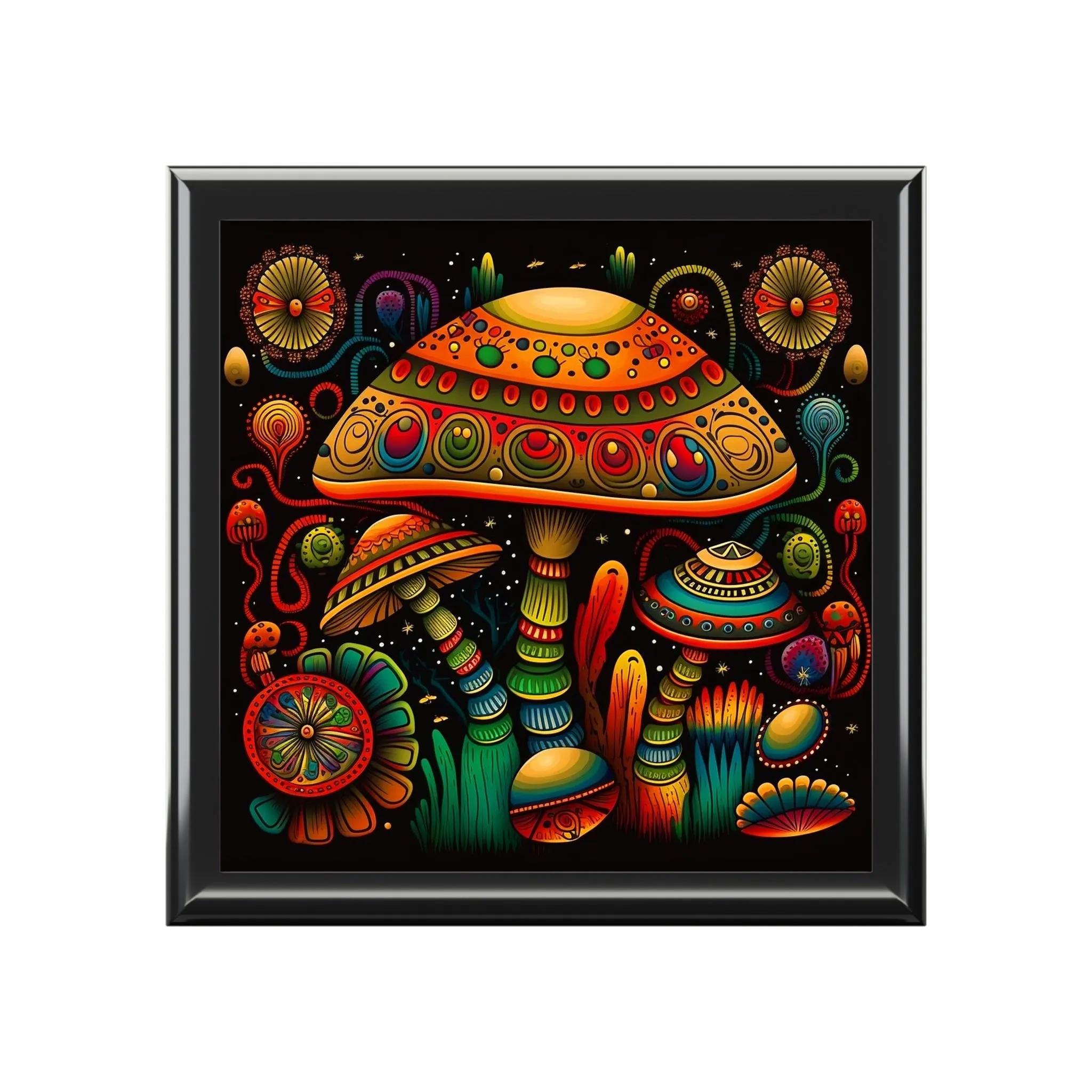 Psychedelic Mushroom Wooden Keepsake Jewelry Box with Ceramic Tile Cover