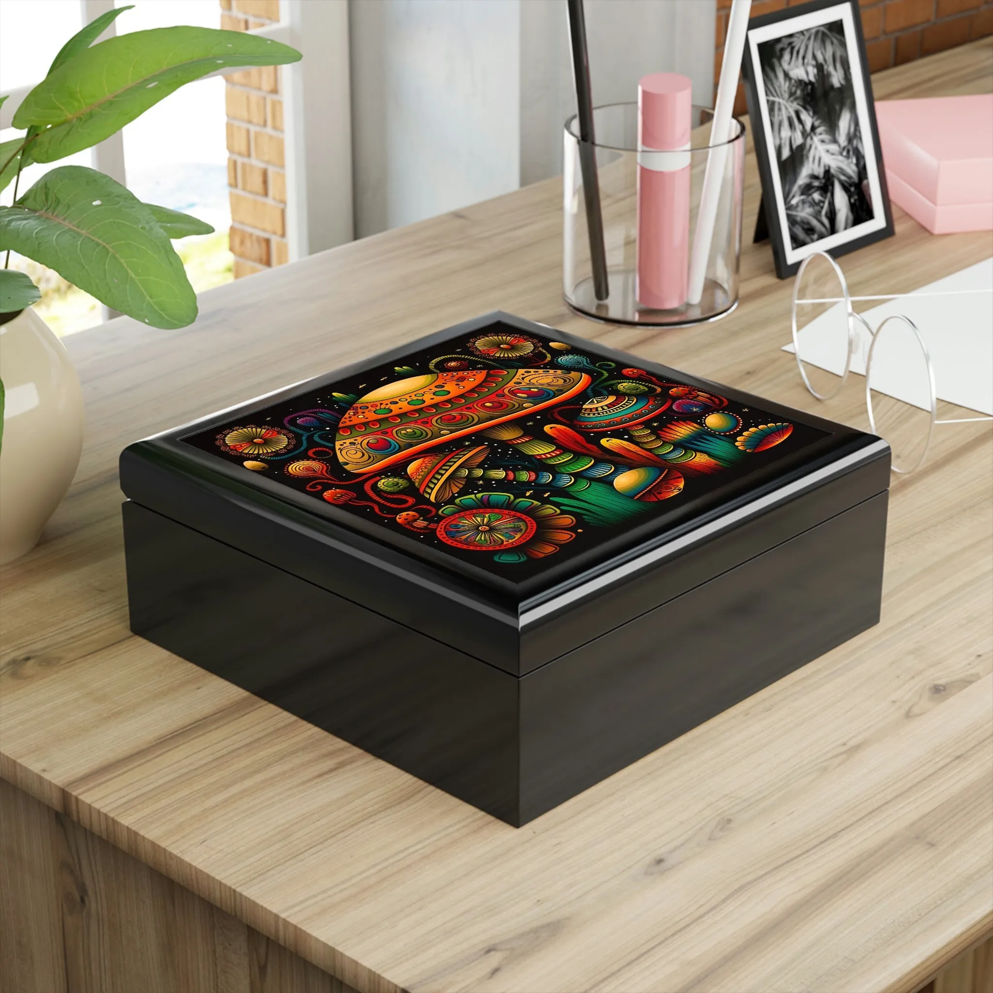 Psychedelic Mushroom Wooden Keepsake Jewelry Box with Ceramic Tile Cover
