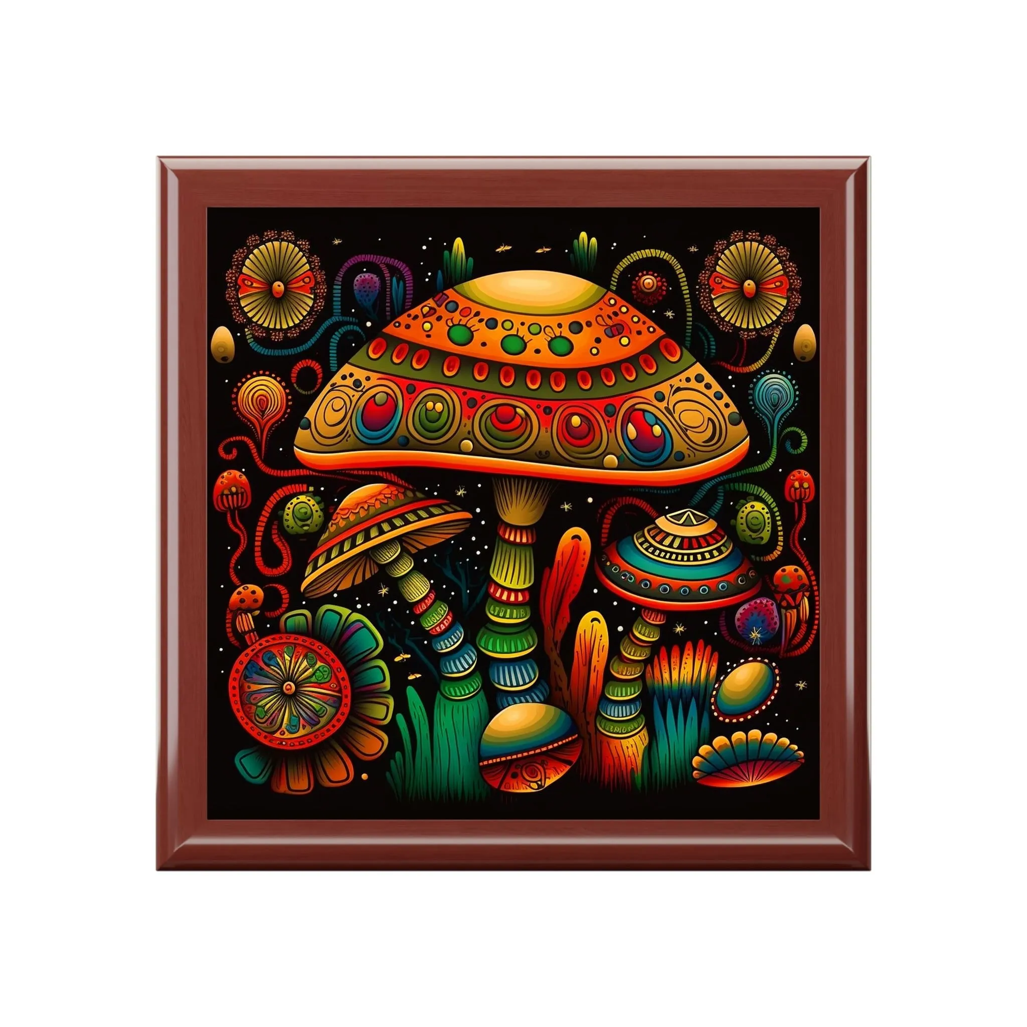 Psychedelic Mushroom Wooden Keepsake Jewelry Box with Ceramic Tile Cover