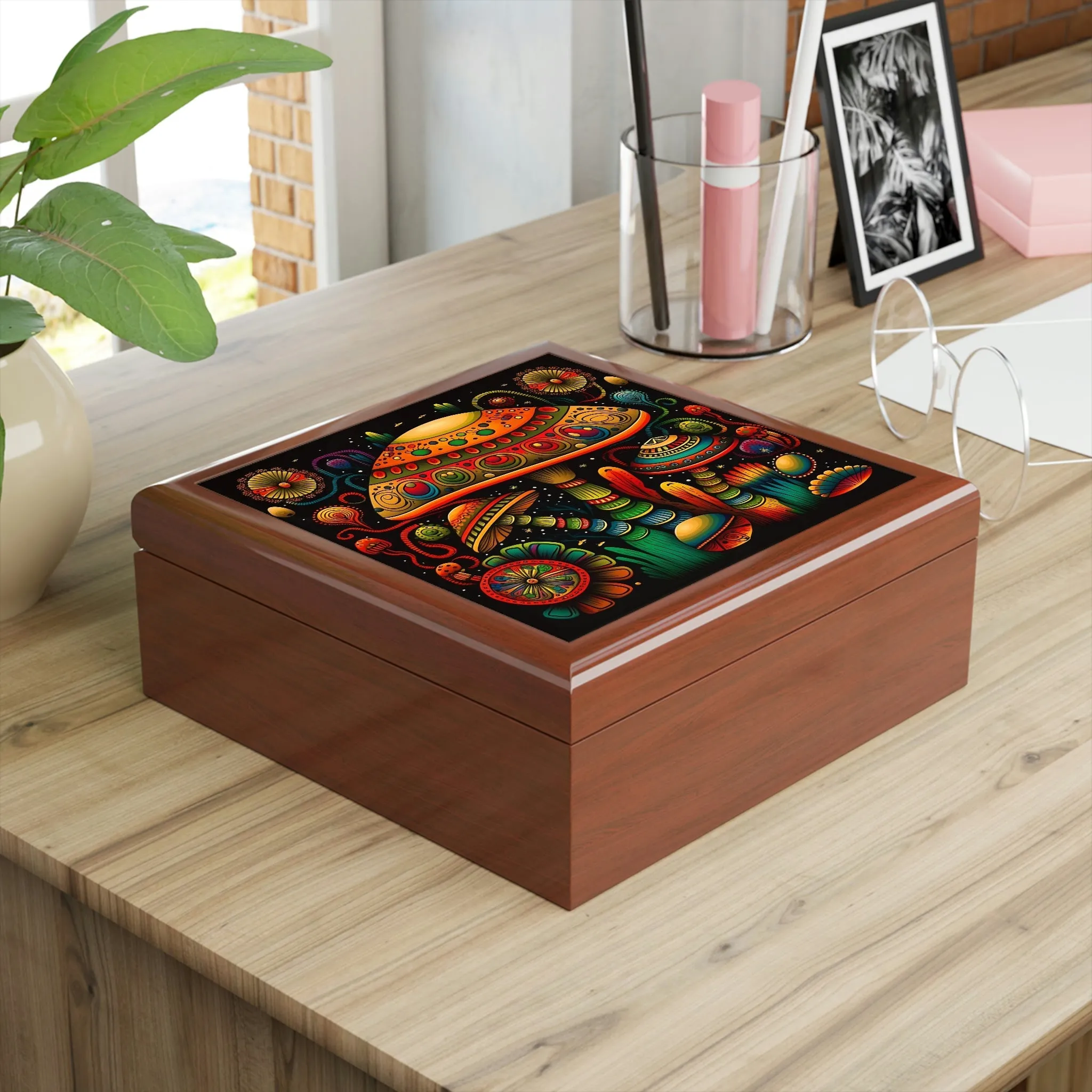 Psychedelic Mushroom Wooden Keepsake Jewelry Box with Ceramic Tile Cover