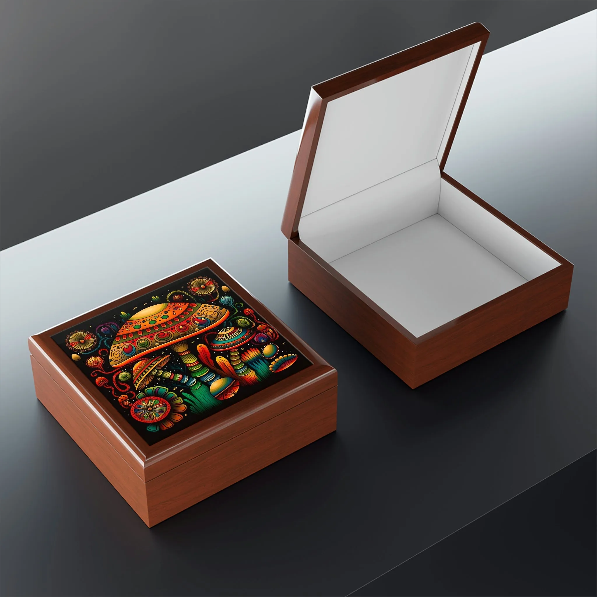 Psychedelic Mushroom Wooden Keepsake Jewelry Box with Ceramic Tile Cover