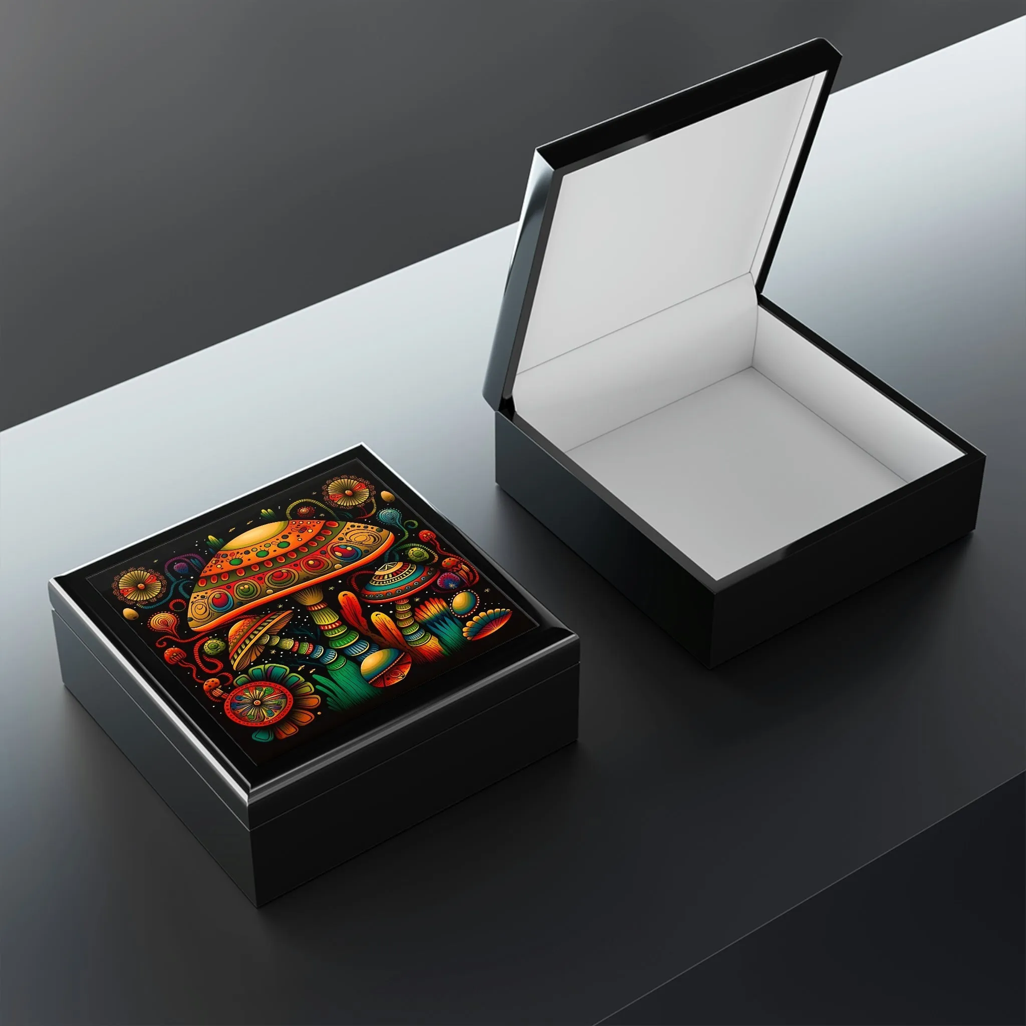 Psychedelic Mushroom Wooden Keepsake Jewelry Box with Ceramic Tile Cover