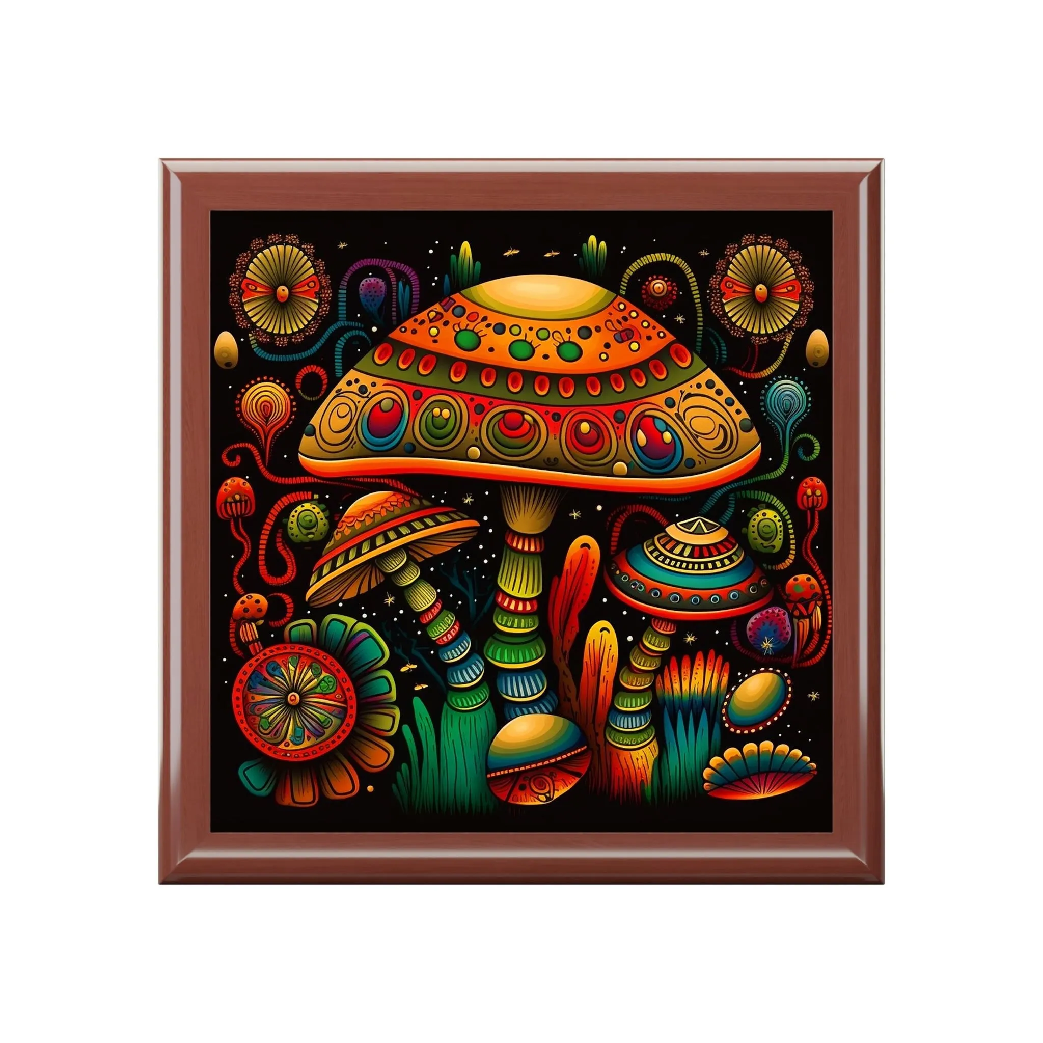 Psychedelic Mushroom Wooden Keepsake Jewelry Box with Ceramic Tile Cover