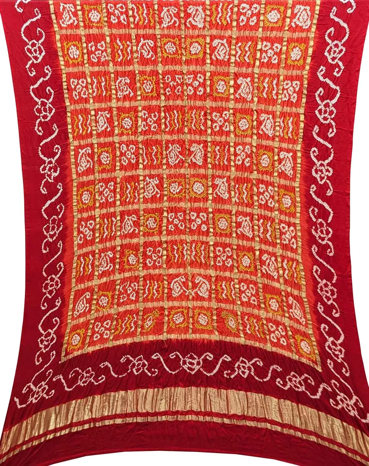 Red And Orange Bandhani Pure Gajji Silk Dupatta