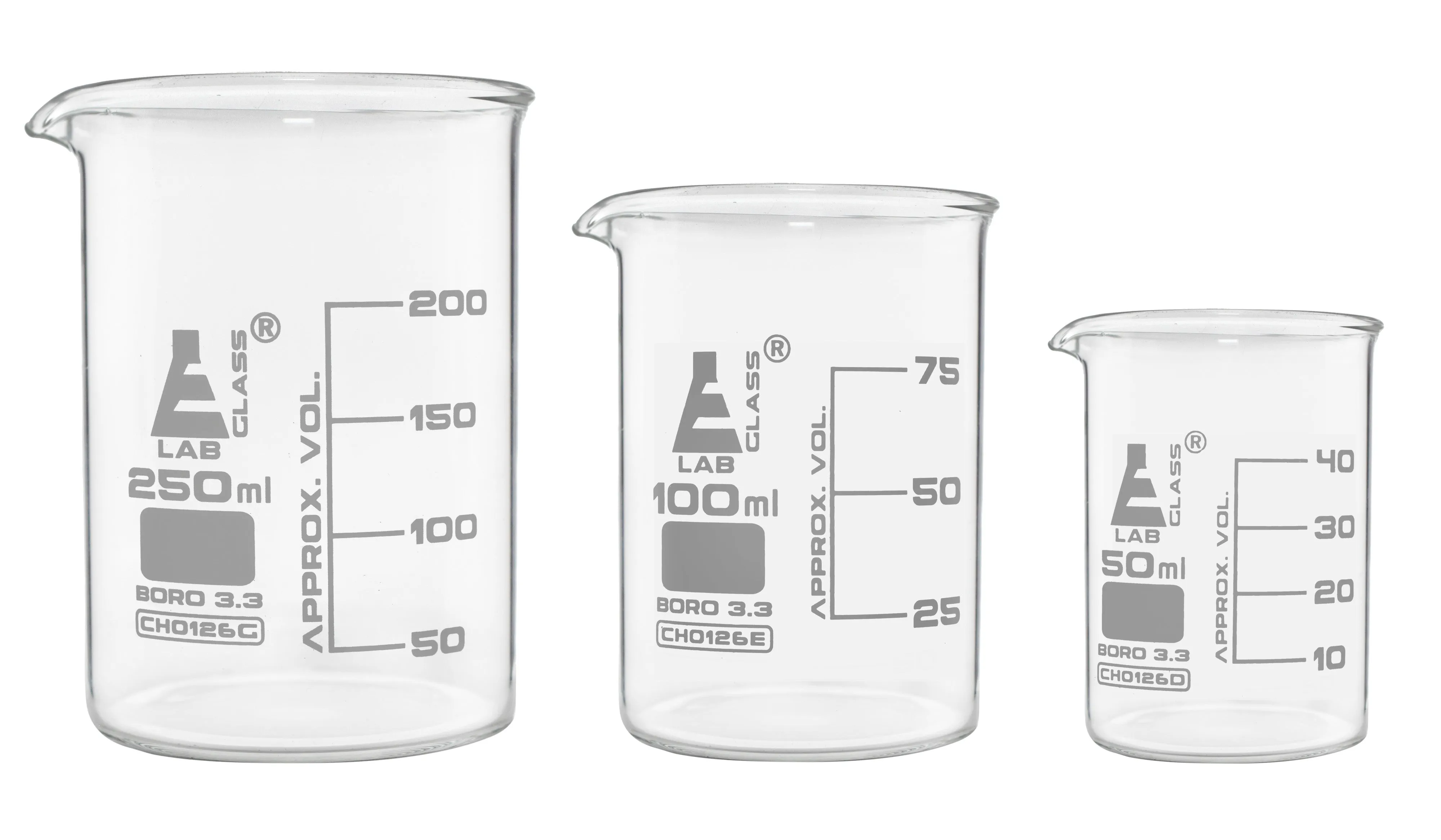 Safety Pack Beaker Set, 250ml, 100ml & 50ml - Low Form, White Graduations - Borosilicate 3.3 Glass